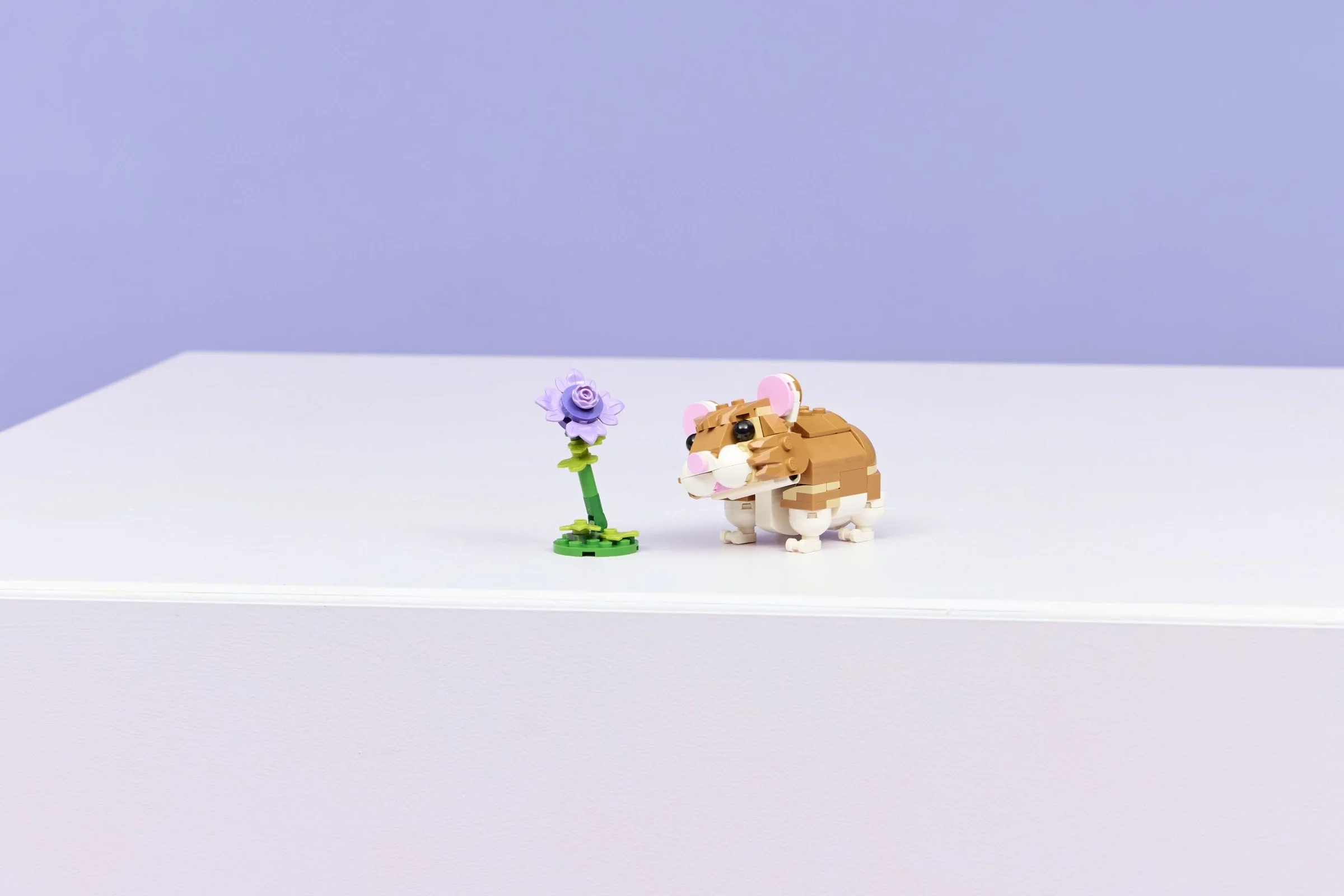Imagine cu modelul LEGO complet: un hamster drăguț lângă o floare. Fundal lila pastel.