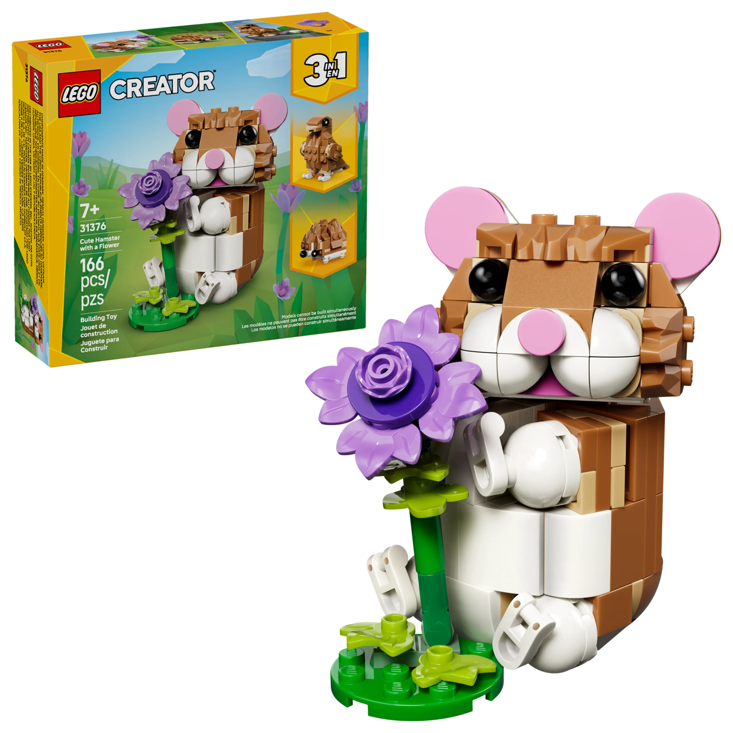 Imagine cu setul LEGO 31376, un hamster drăguț cu o floare, și cutia produsului.