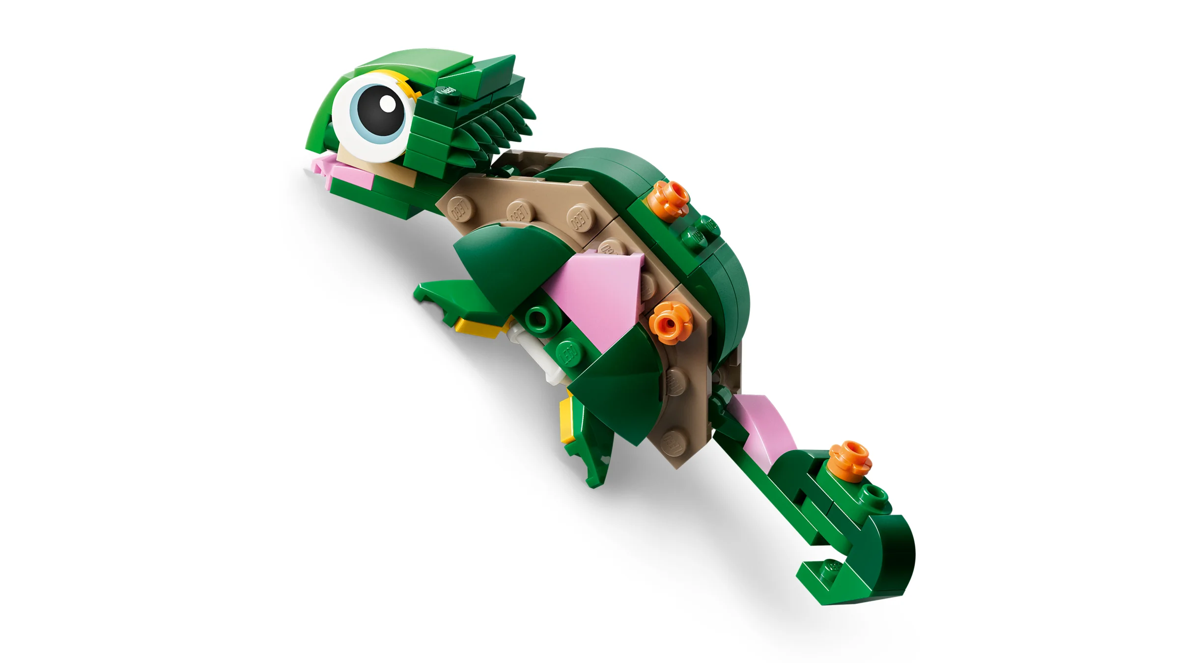 O broască țestoasă LEGO verde, văzută de sus, cu o floare de nufăr pe spate. Detalii construite din cărămizi LEGO.