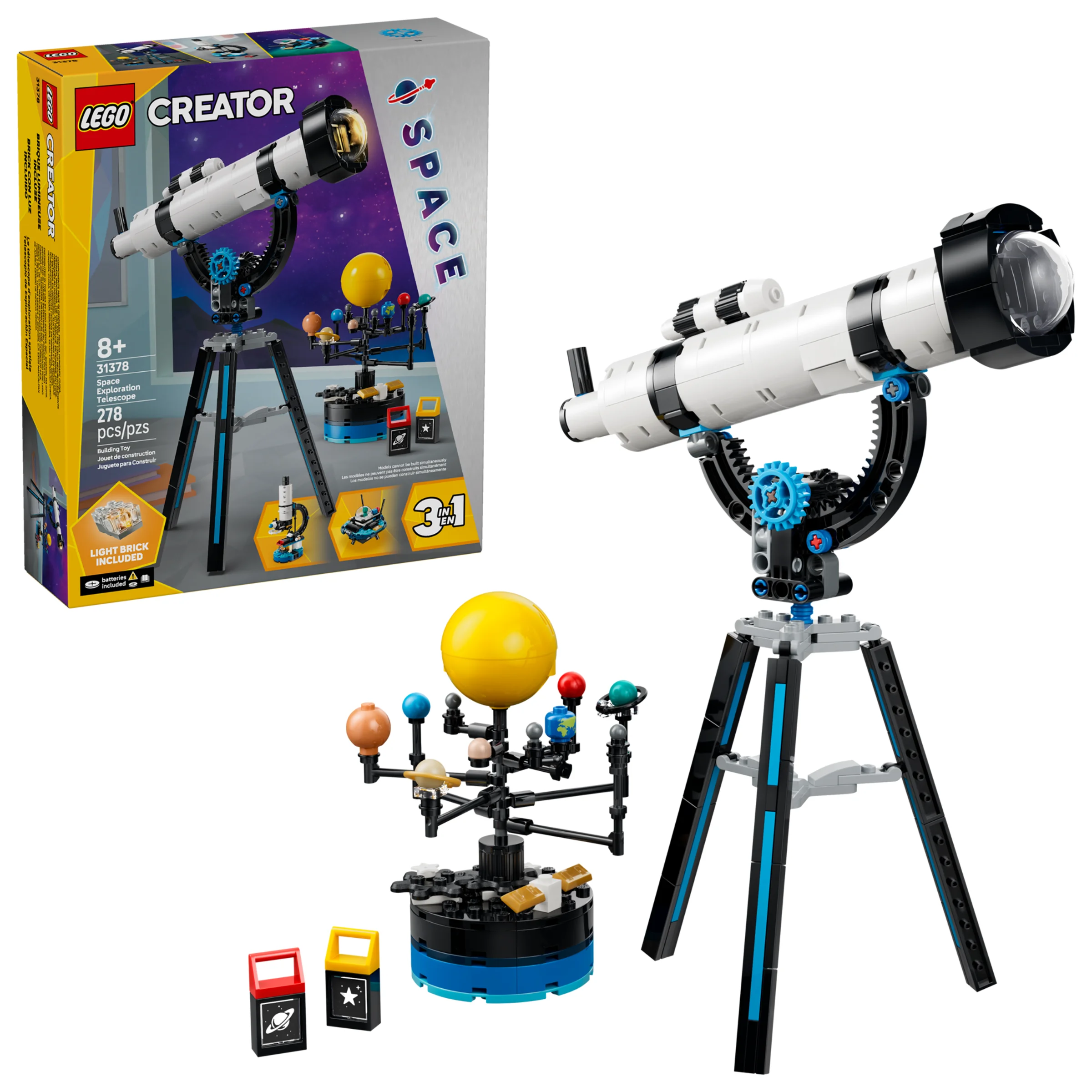 Imagine cu setul LEGO Creator 31378: Telescop spațial. Include telescopul, sistemul solar și ambalajul.