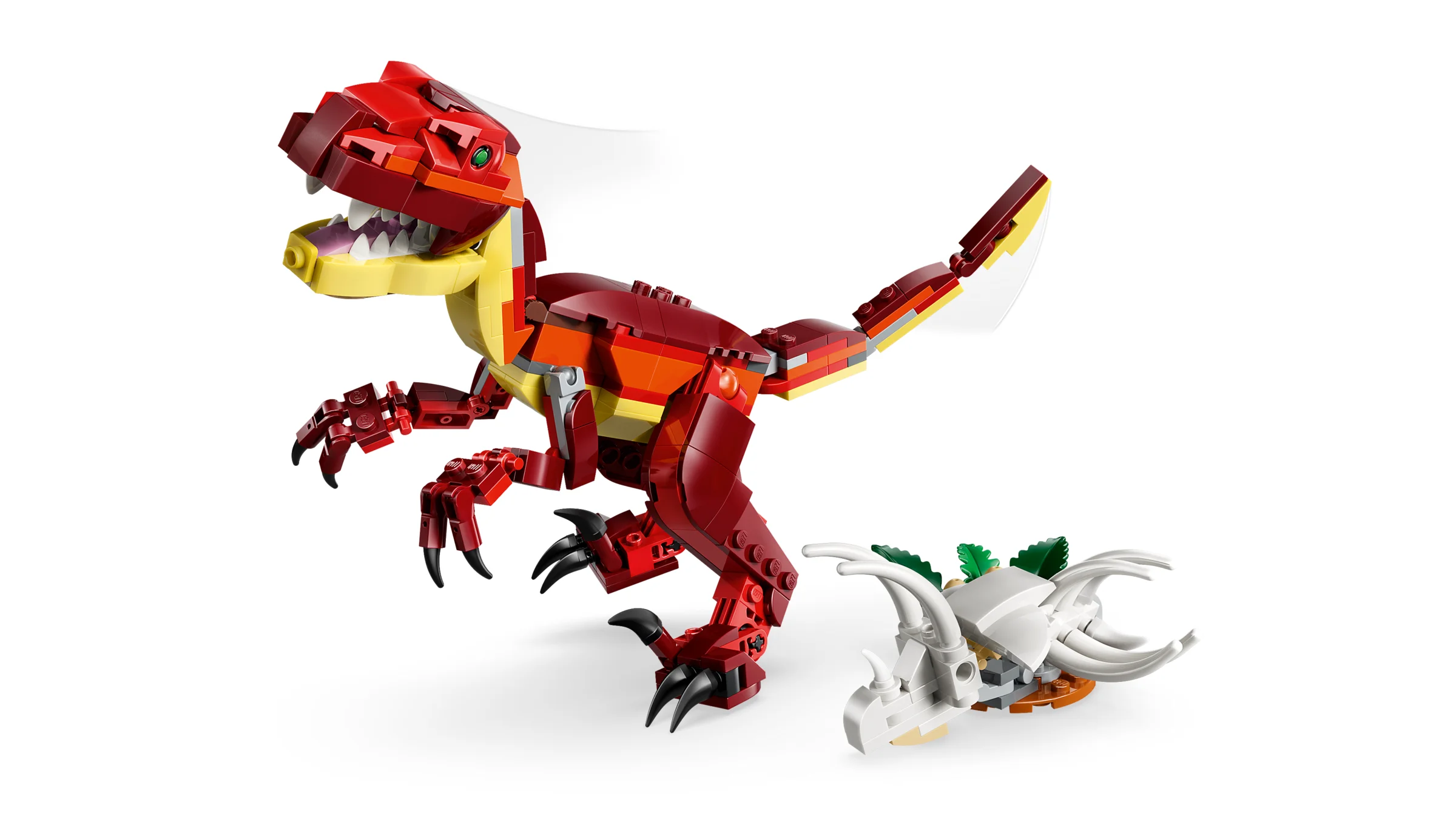 Dinozaur feroce roșu, din cărămizi LEGO, cu schelet alb al dinozaurului, pe fundal alb.