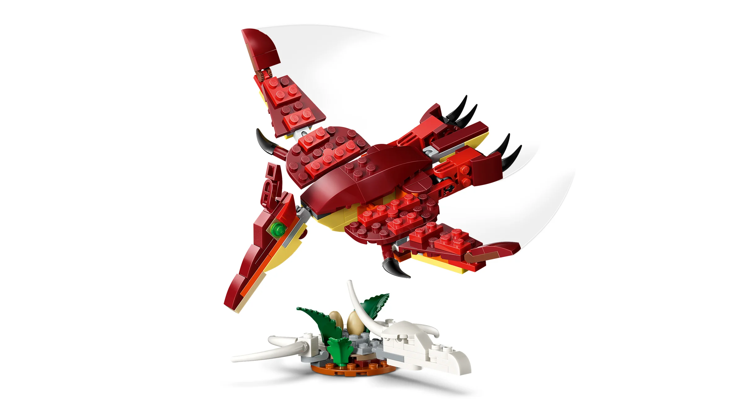 Dinozaurul roșu fioros din setul LEGO Creator 31379, planând deasupra unui cuib preistoric detaliat.