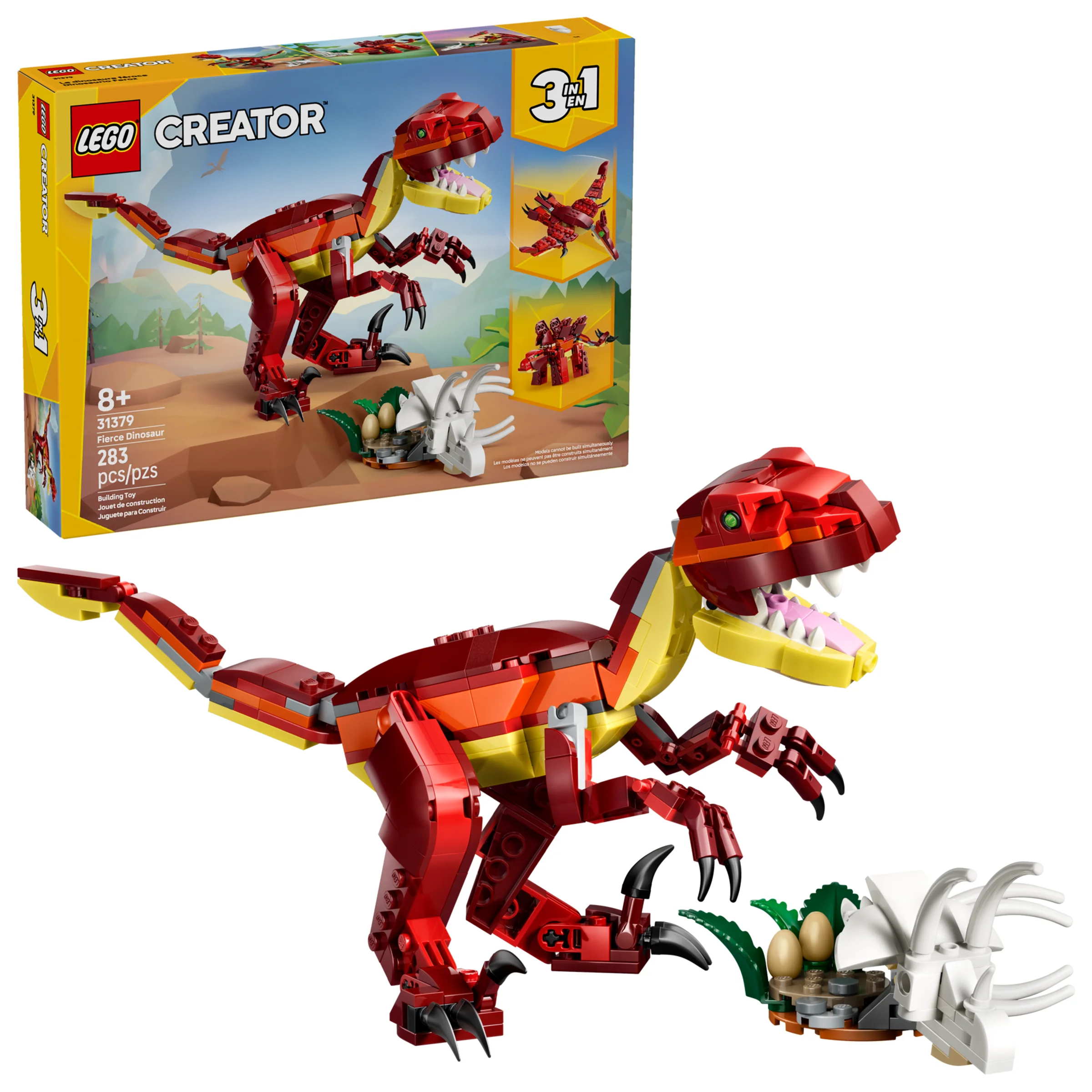Imagine cu setul LEGO Creator 31379, „Dinozaur Fieros”, cu modelul și cutia.