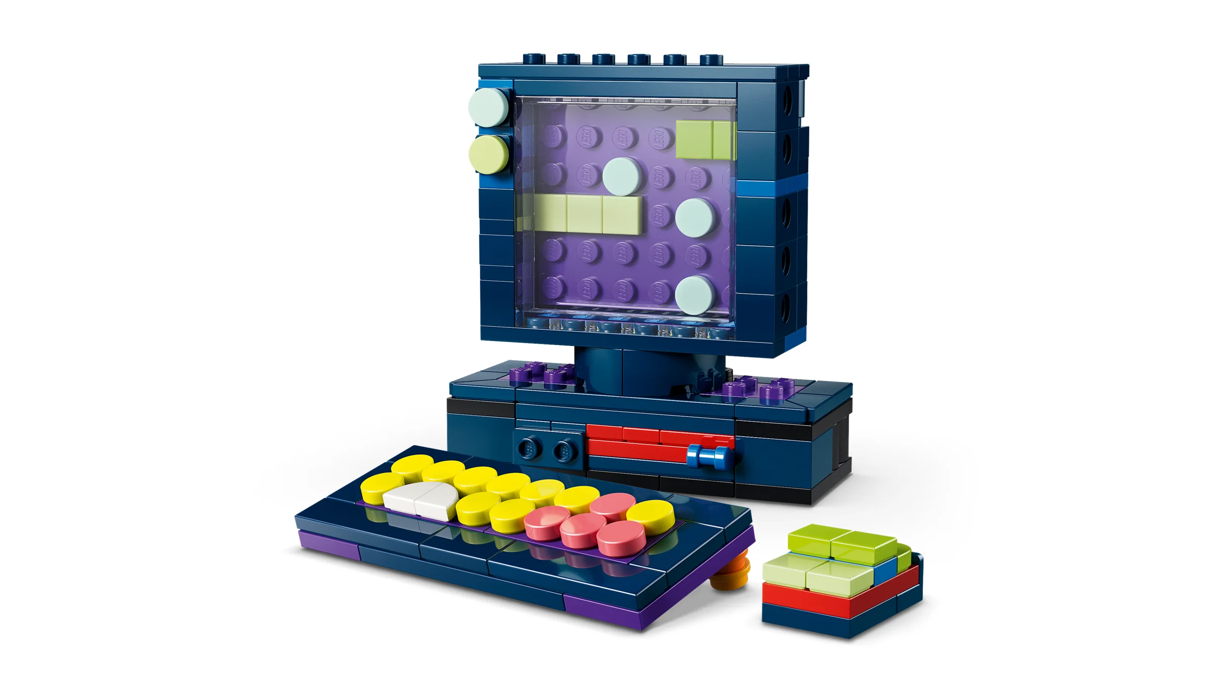 Consolă de jocuri retro LEGO Creator 31380, cu ecran, butoane și un bloc de joc.