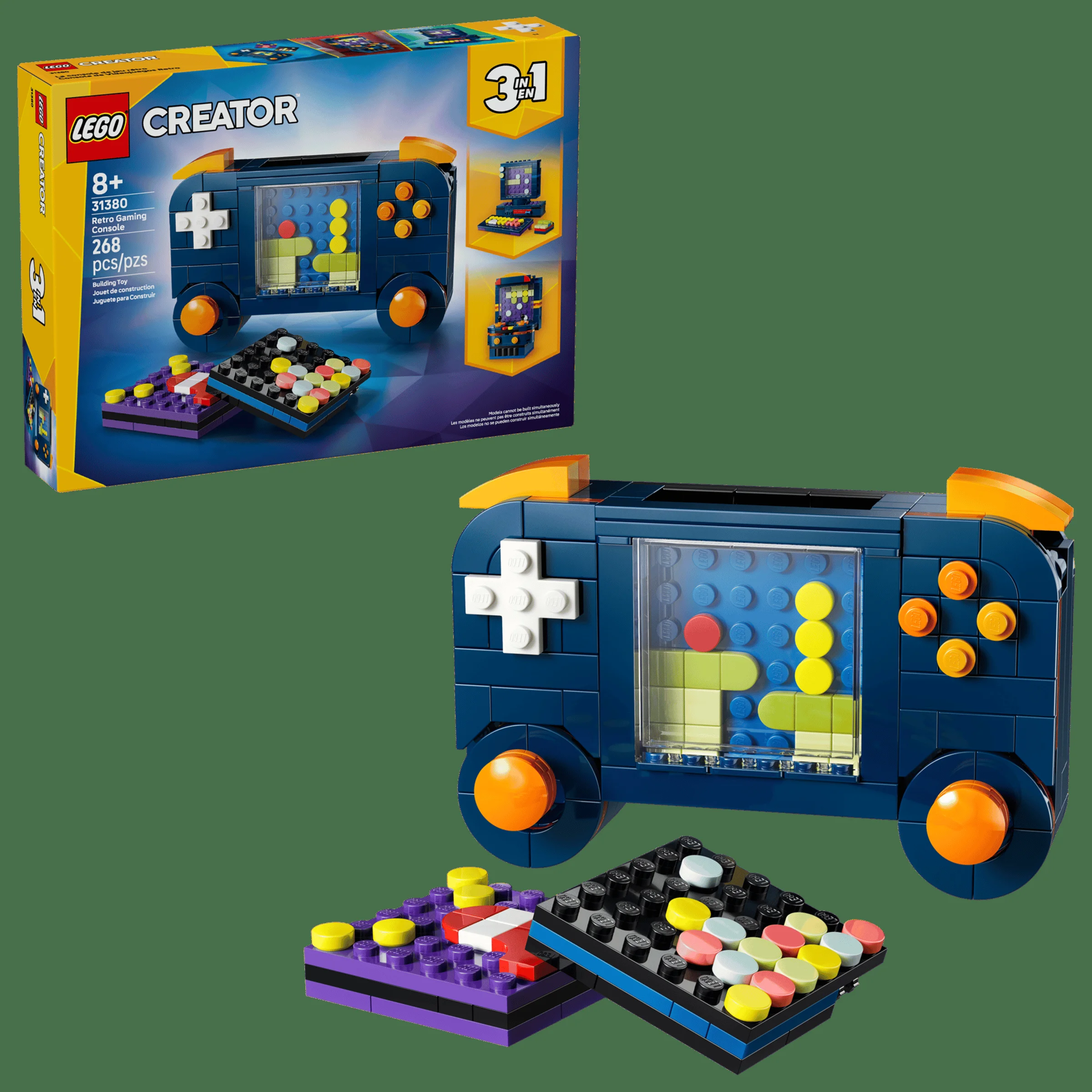 Consola LEGO retro 31380 și cutia, detalii atractive. O jucărie nostalgică pentru fanii jocurilor video.