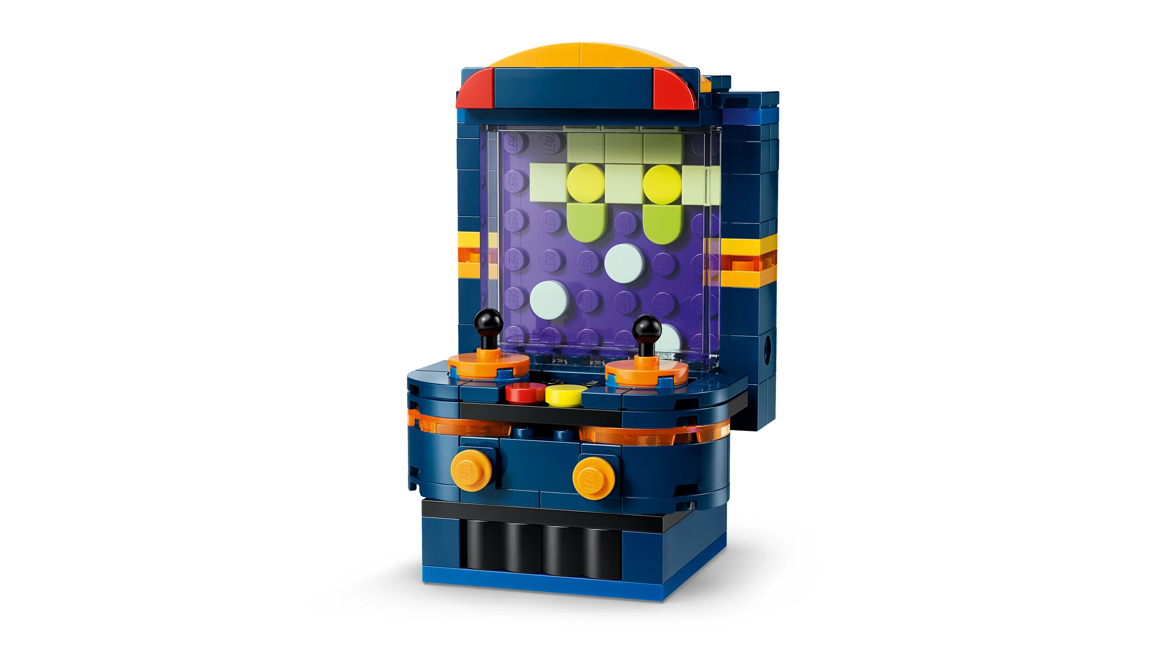 Consolă retro de jocuri LEGO, un model compact, colorat și detaliat.