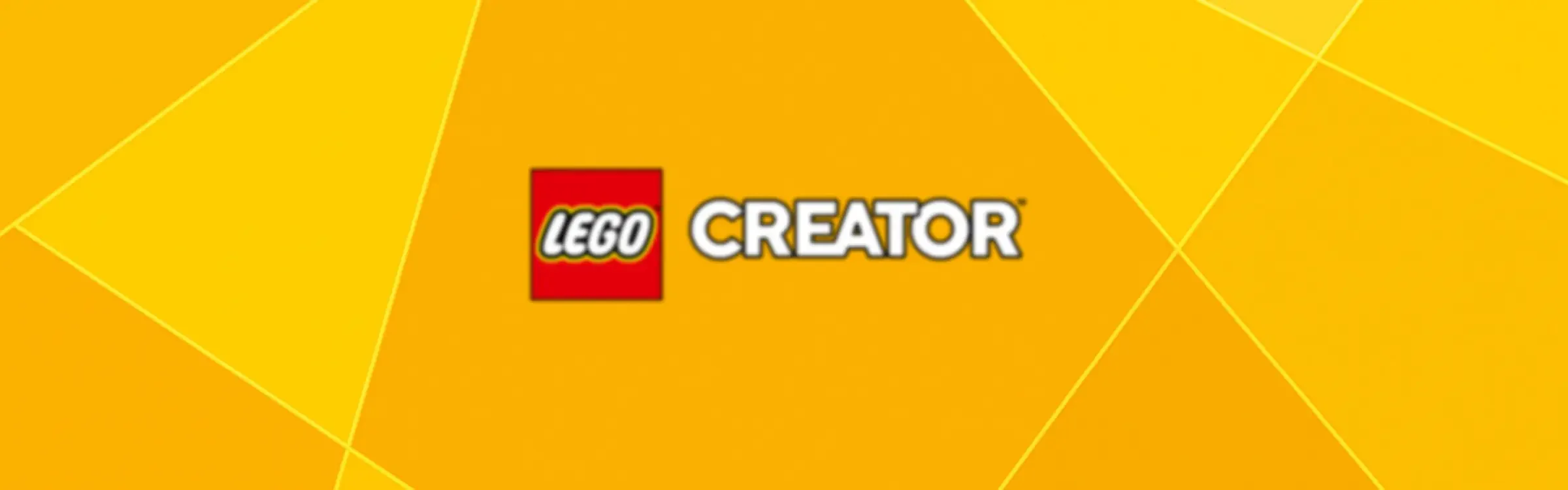 Logo-ul LEGO Creator pe un fundal galben, cu linii geometrice moderne.