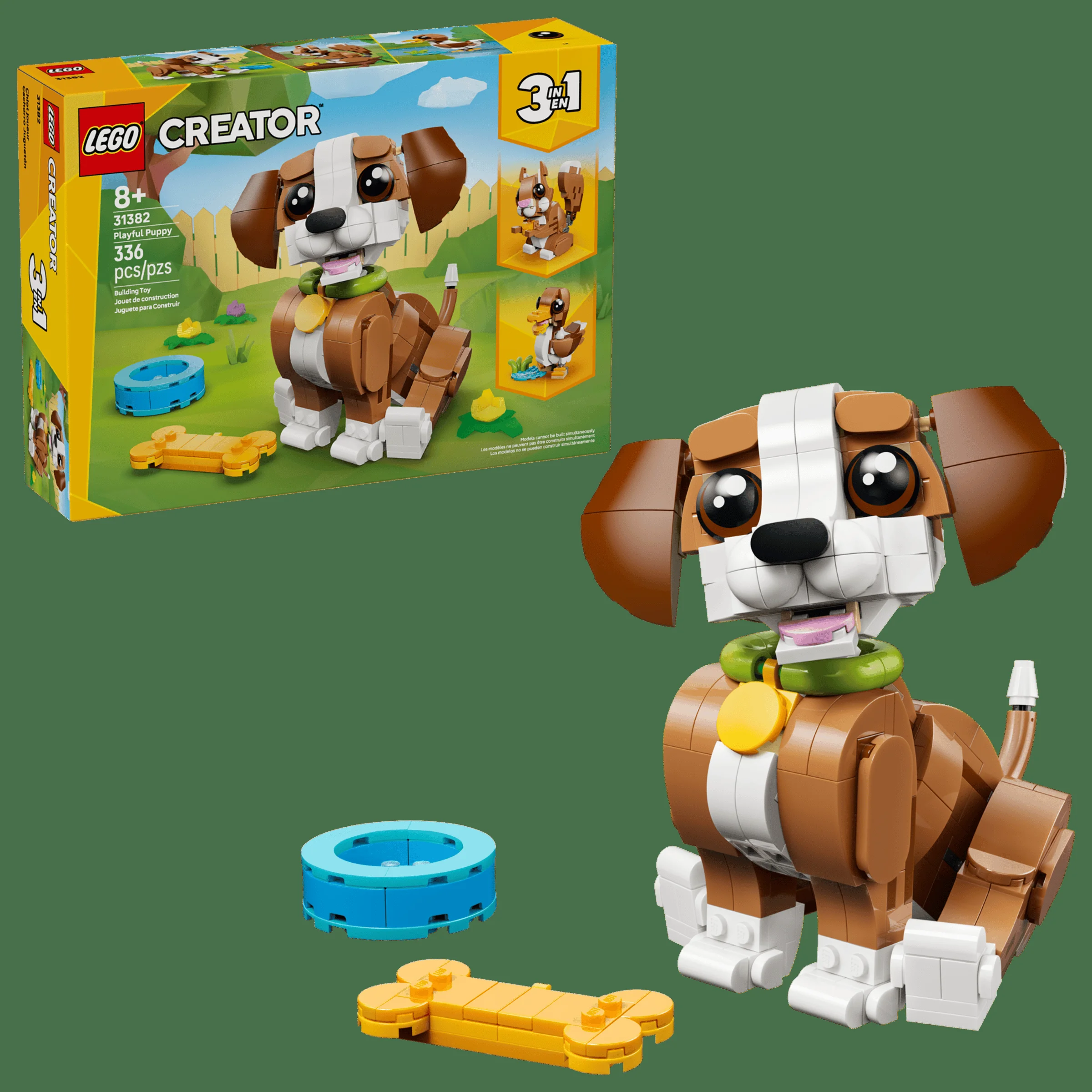 Imagine cu setul LEGO Creator 31382, „Cățel jucăuș”, și cutia acestuia.