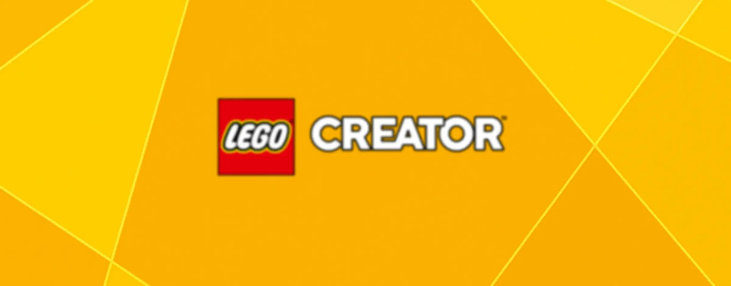 Sigla LEGO Creator pe un fundal galben cu linii diagonale.