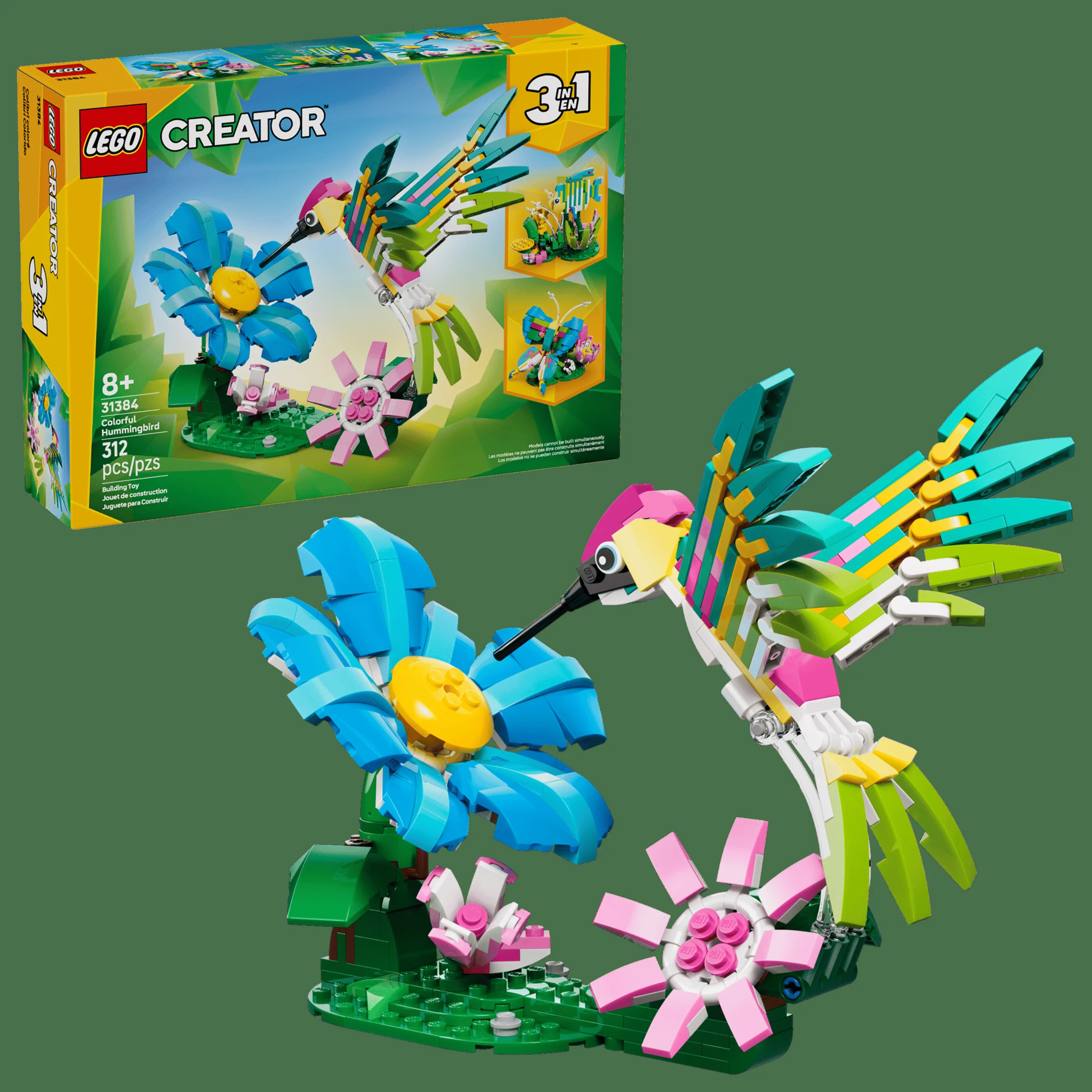 Imagine cu setul LEGO Creator 31384, „Colibri colorat”, incluzând modelul și cutia.