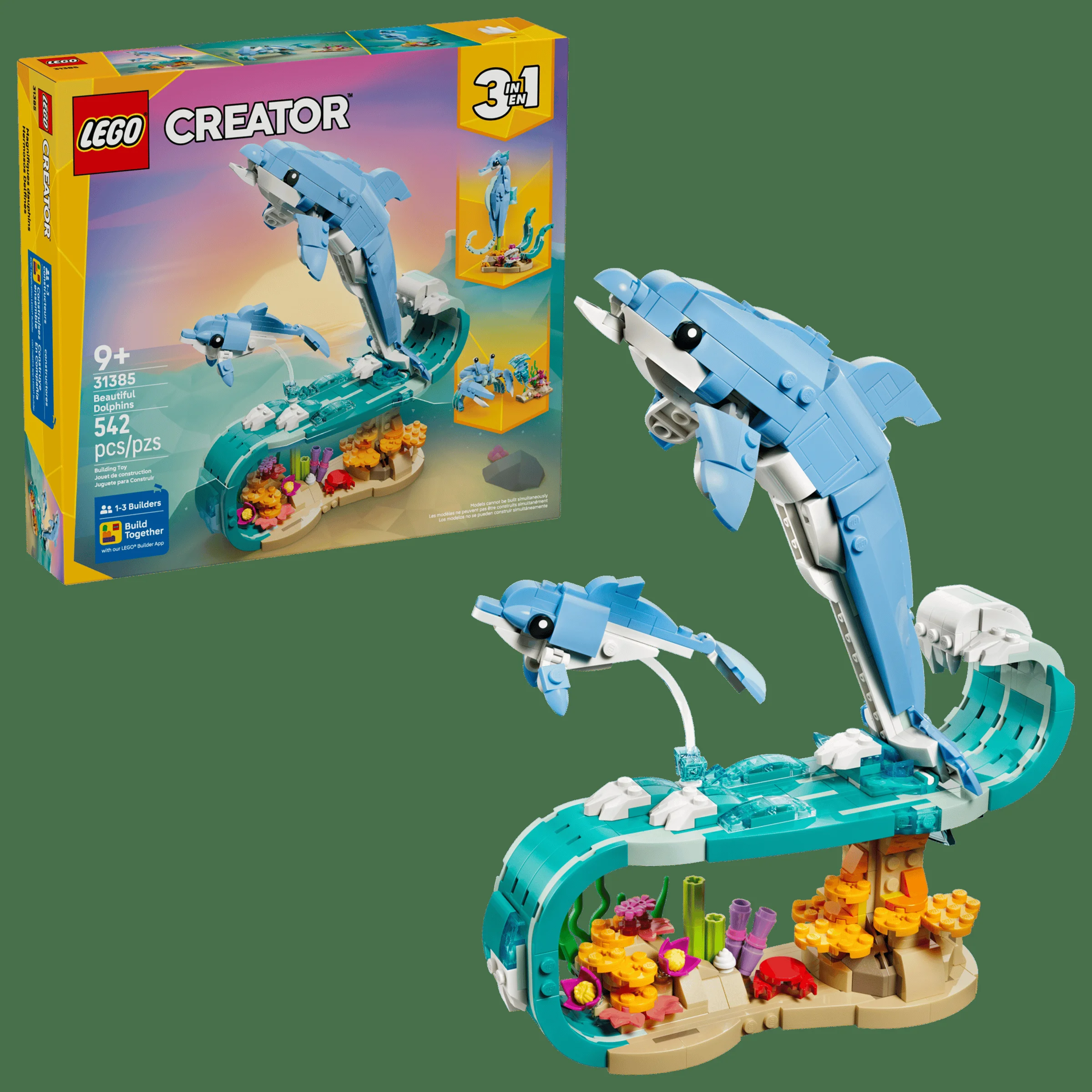 Imagine cu setul LEGO Creator 31385 Delfini Frumoși, inclusiv cutia și modelul asamblat. Detalii clare și atractive.