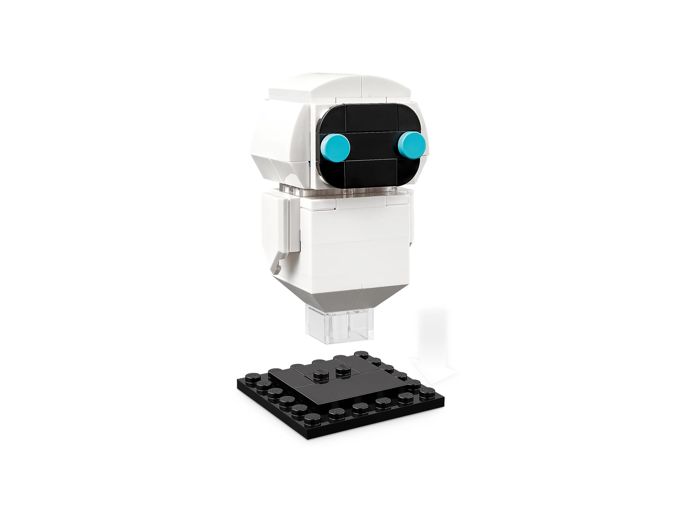 EVE BrickHeadz parțial asamblată, arătând construcția pe nivele și baza neatașată.