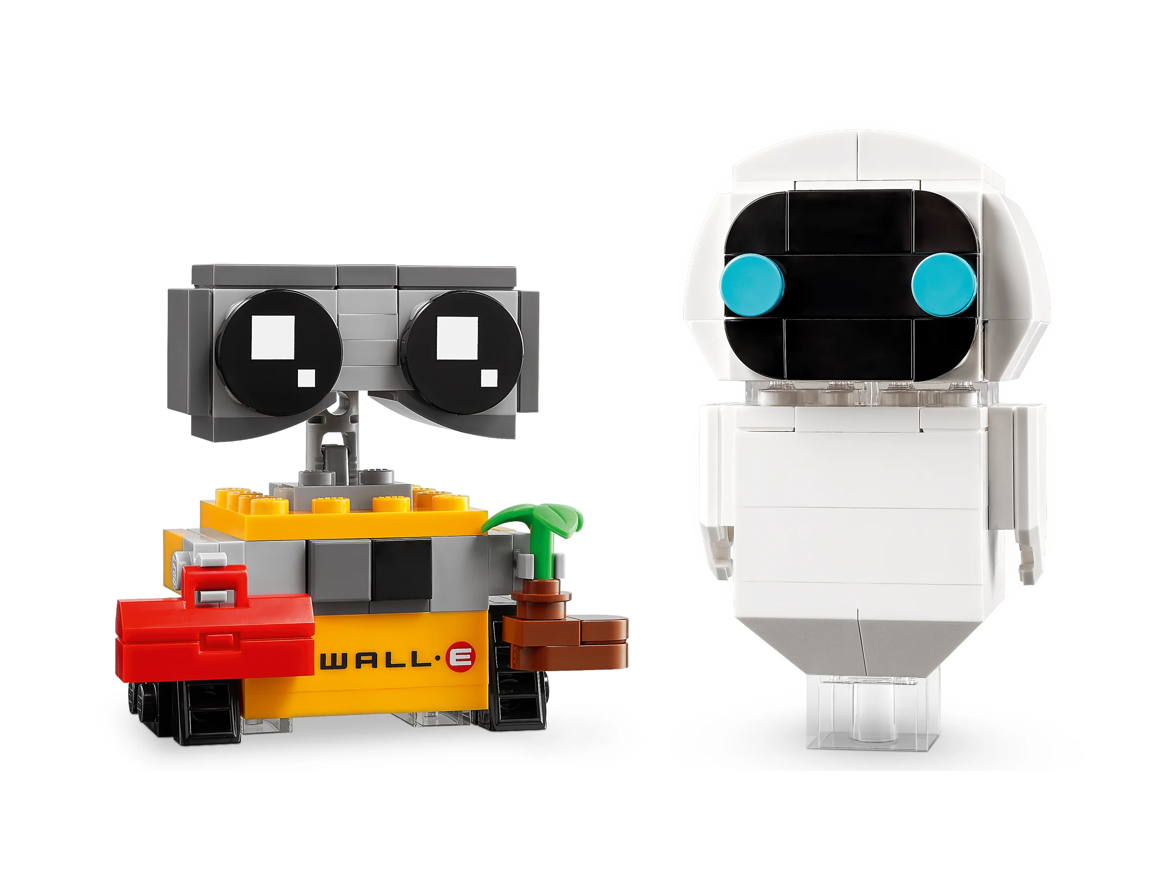 Imagine cu modelele BrickHeadz WALL-E și EVE, prezentând detaliile construcției LEGO.