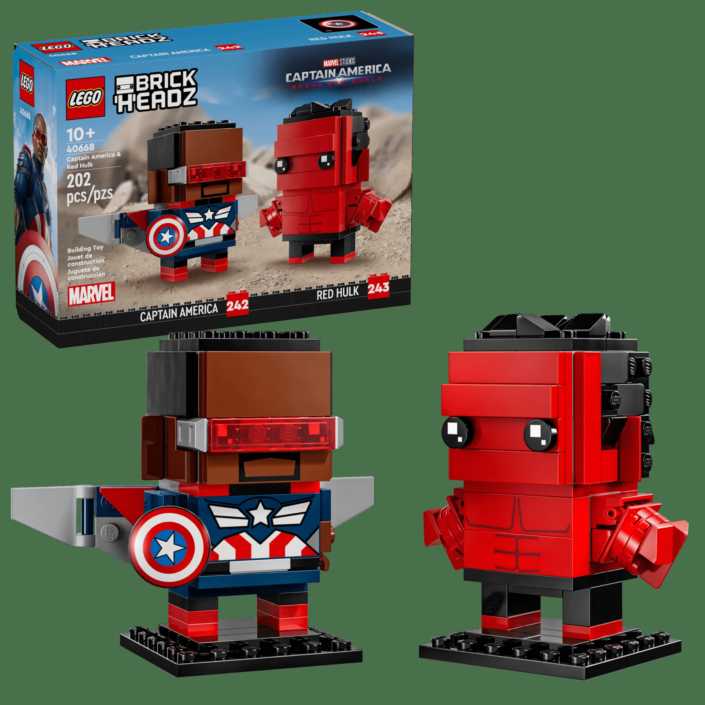 Imagine cu setul LEGO BrickHeadz 40668 Captain America și Red Hulk, inclusiv cutia și modelele construite.