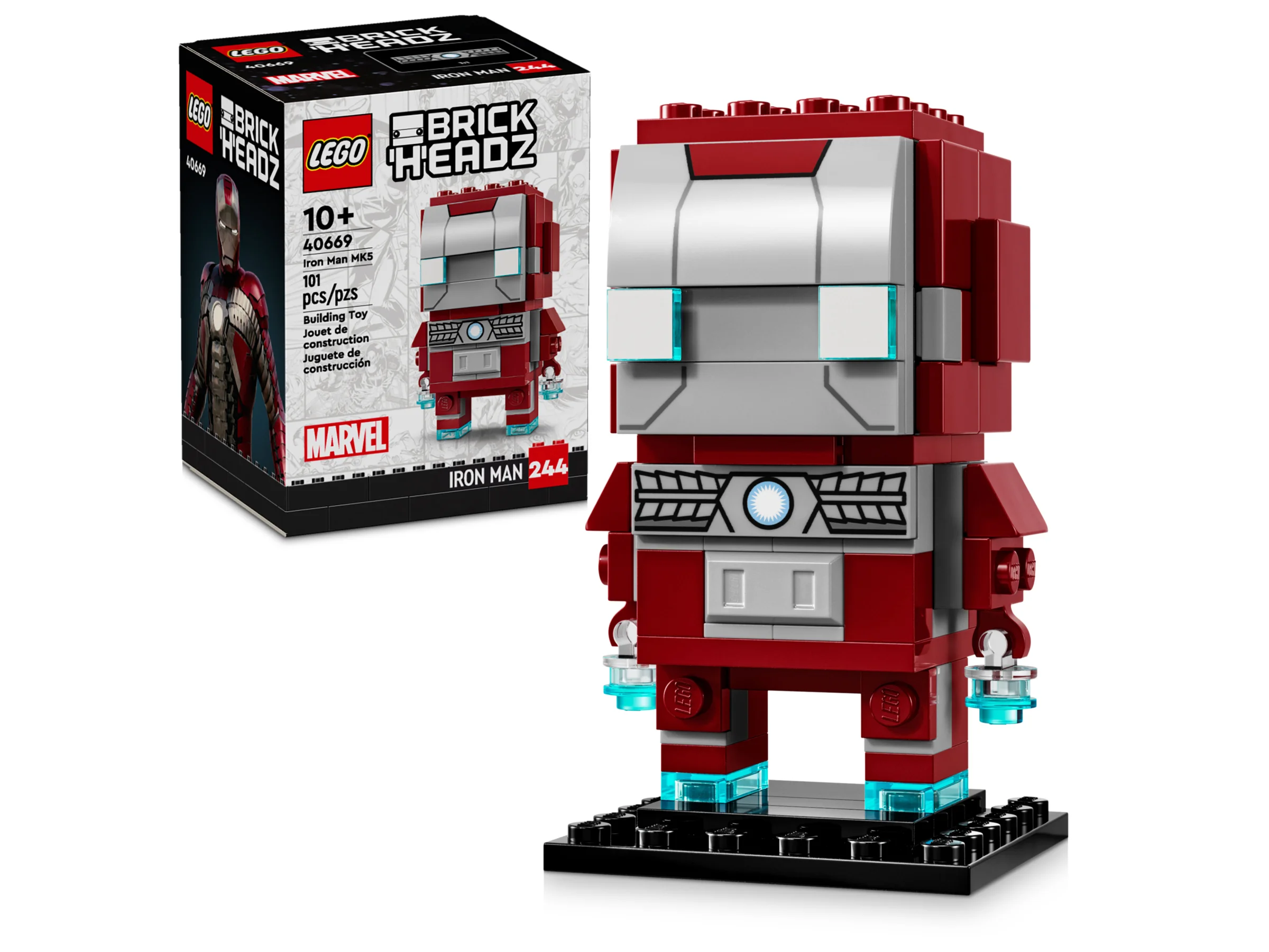 Imagine cu setul LEGO BrickHeadz Iron Man MK5 (40669), prezentând cutia și modelul construit. Detaliu clar al designului.