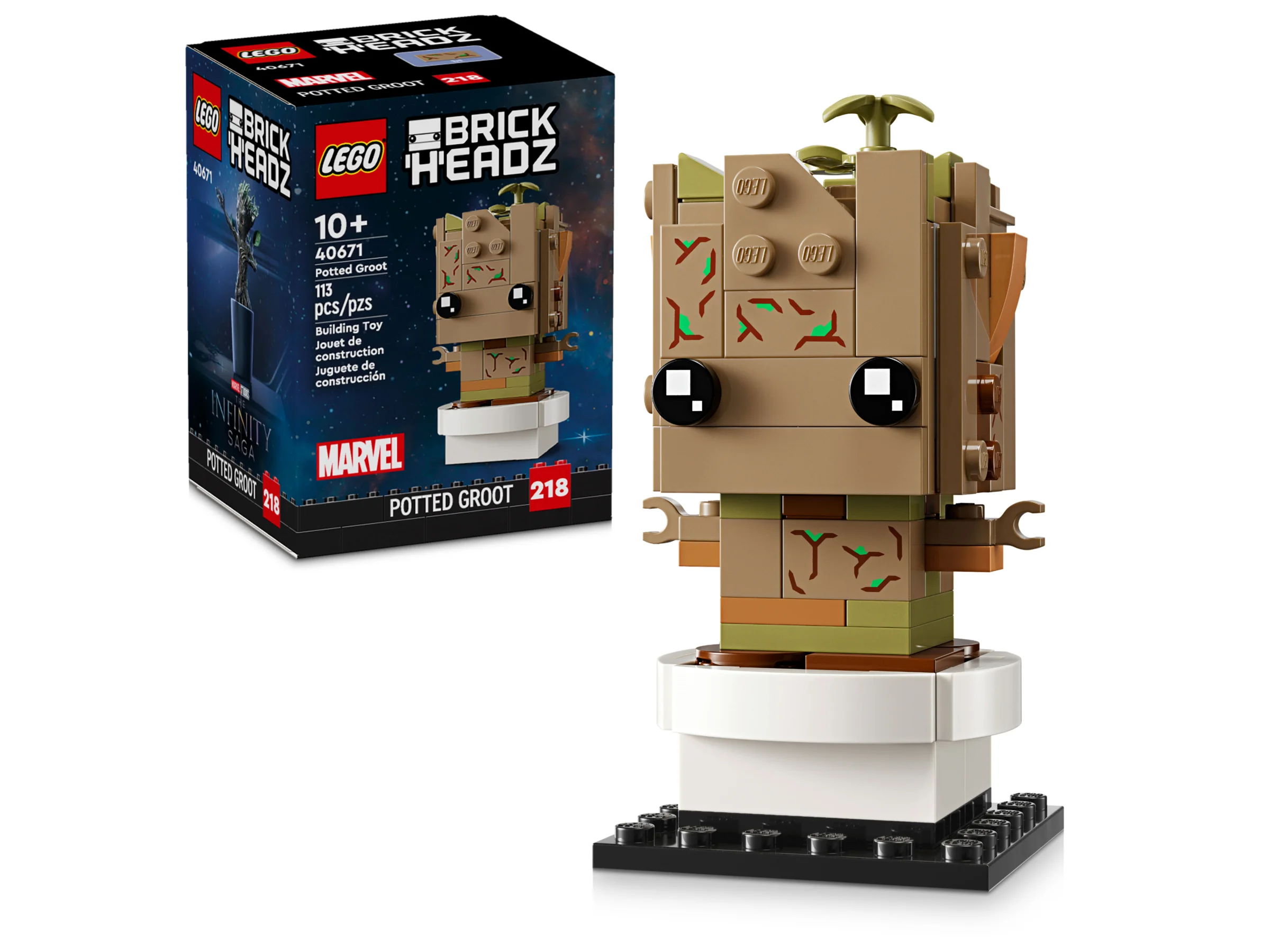 Imagine cu setul LEGO BrickHeadz 40671, Potted Groot, împreună cu cutia. Aspecte detaliate ale modelului.