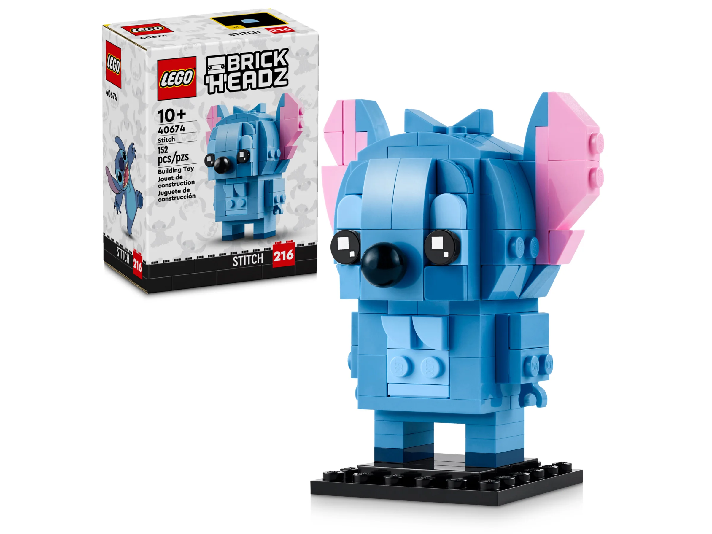 Imagine cu setul LEGO BrickHeadz 40674 Stitch și cutia. Un cadou minunat pentru fanii Disney!