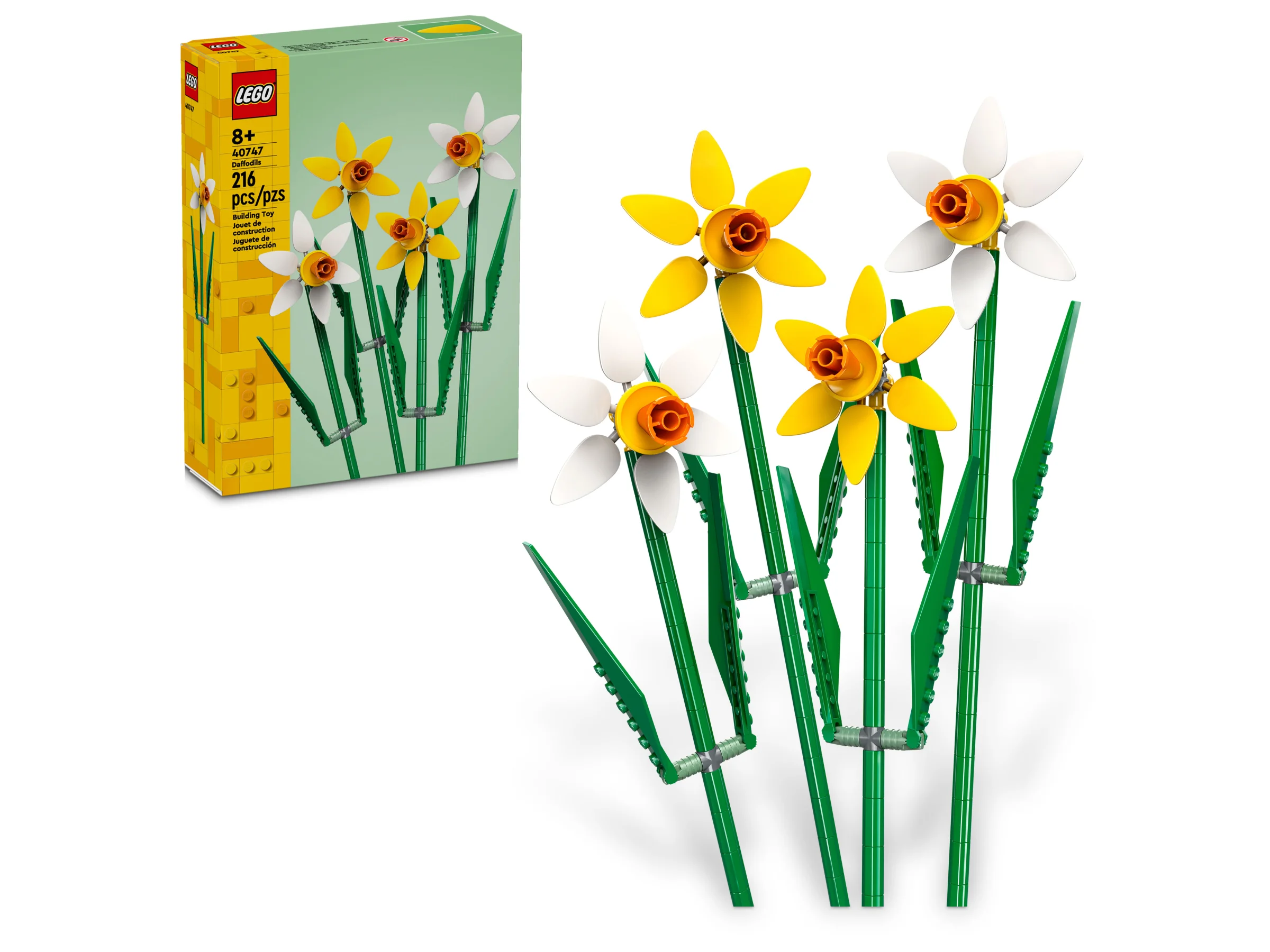 Set LEGO 40747 Narcise. Imagine cu narcisele construite și cutia. Flori galbene și albe, un cadou minunat.