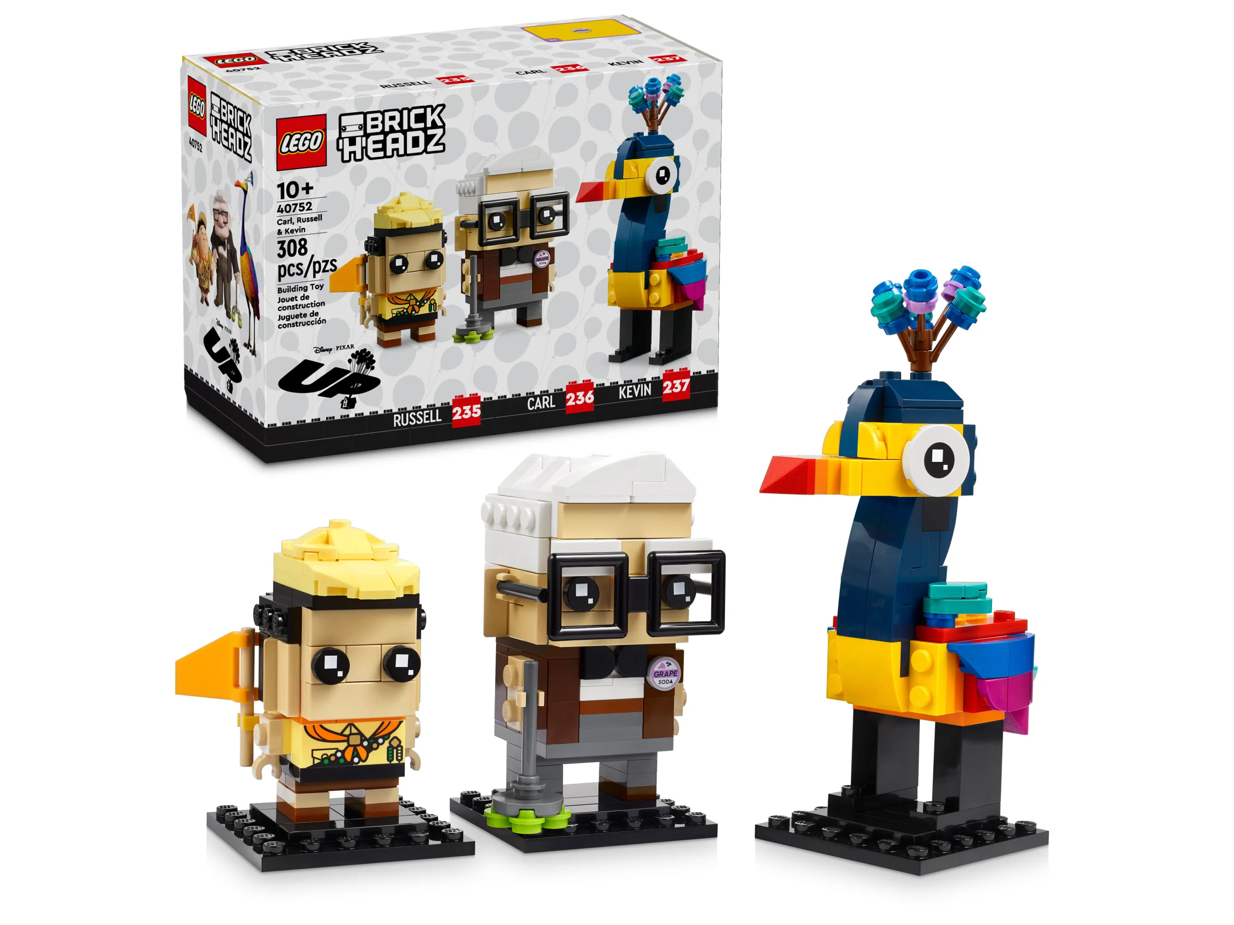 Imagine cu setul LEGO BrickHeadz 40752 Carl, Russell & Kevin, prezentând cutia și figurinele construite.