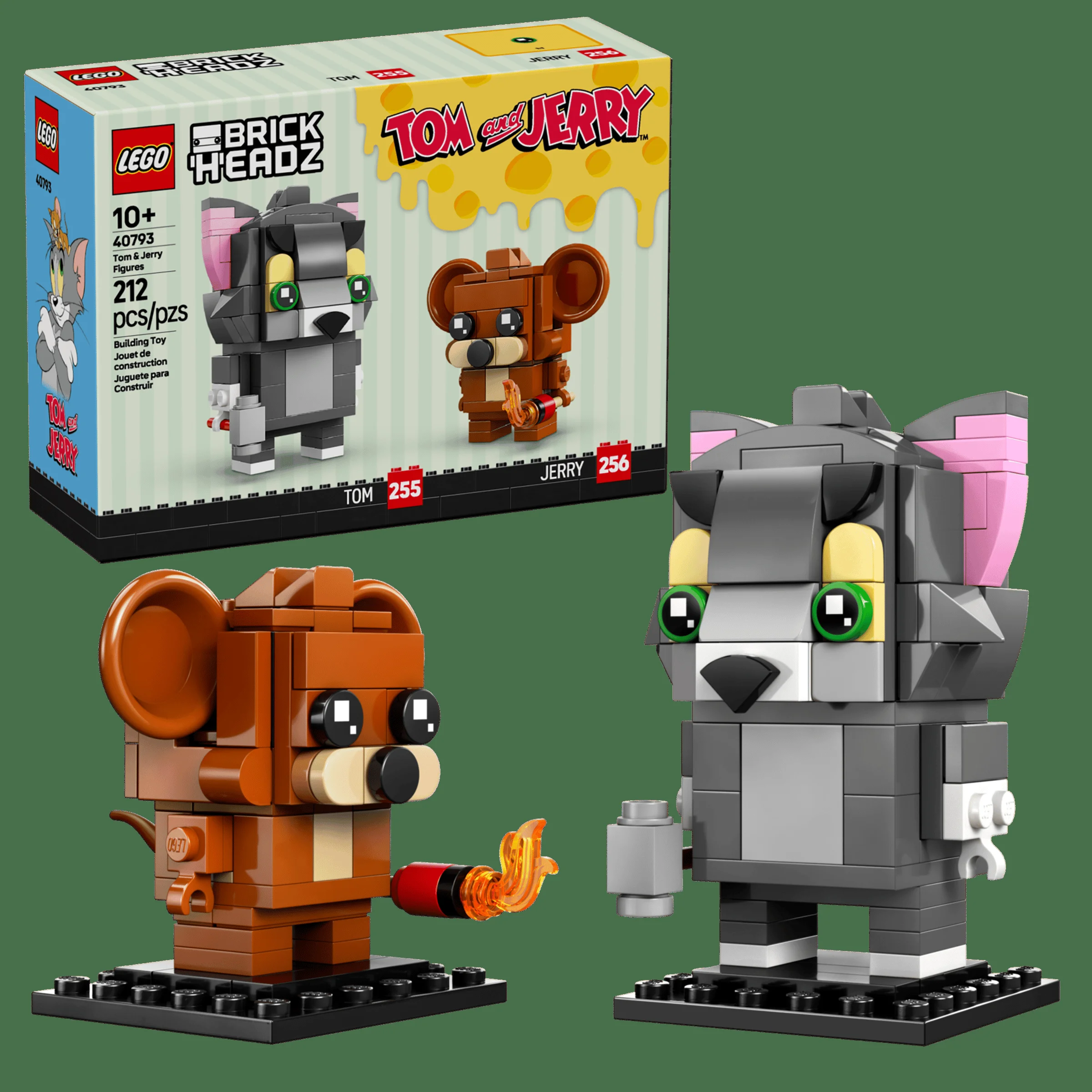 Imagine cu setul LEGO BrickHeadz 40793 Tom & Jerry, arătând modelele construite și cutia produsului.