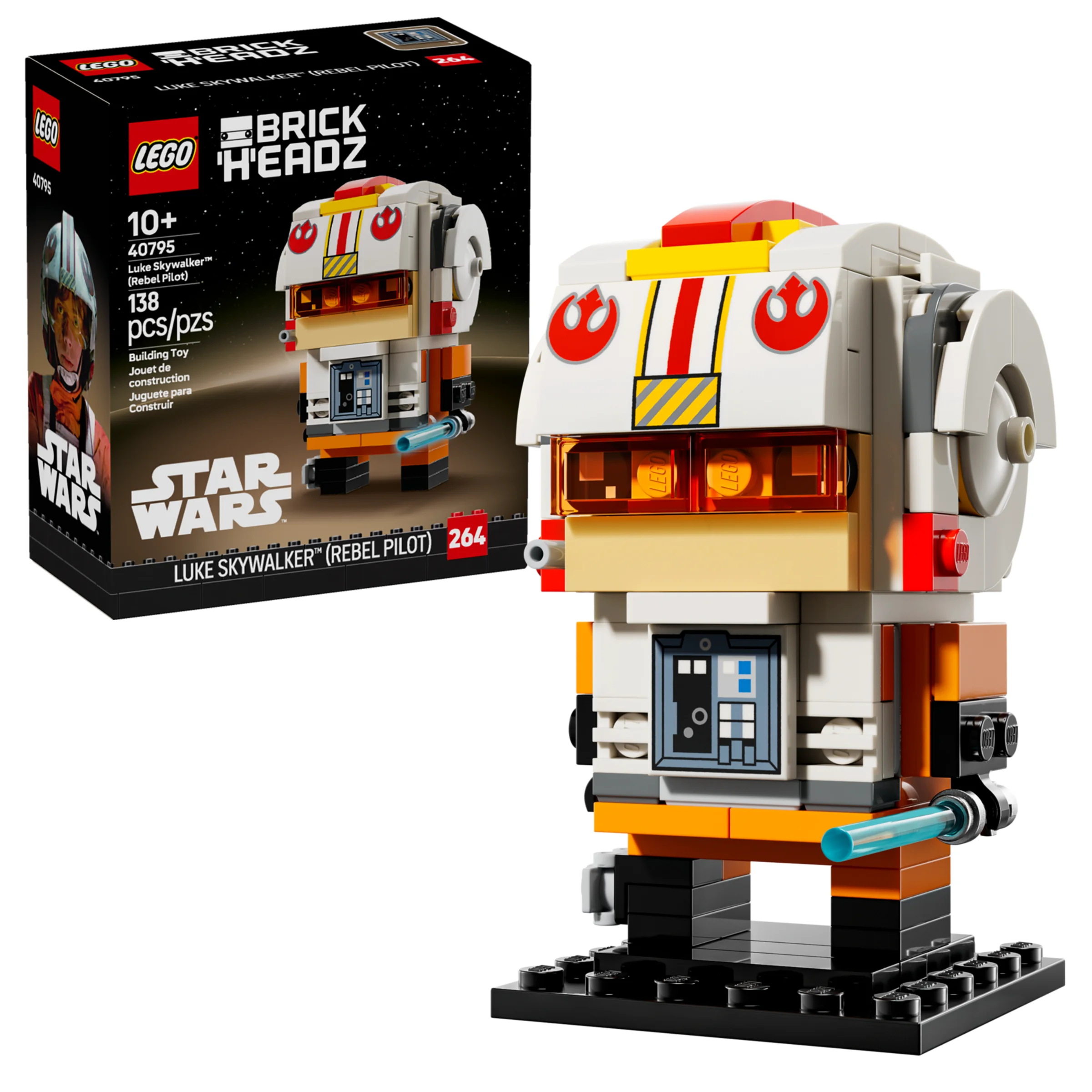 Imagine cu setul LEGO BrickHeadz 40795 Luke Skywalker (Pilot Rebel) și cutia produsului.