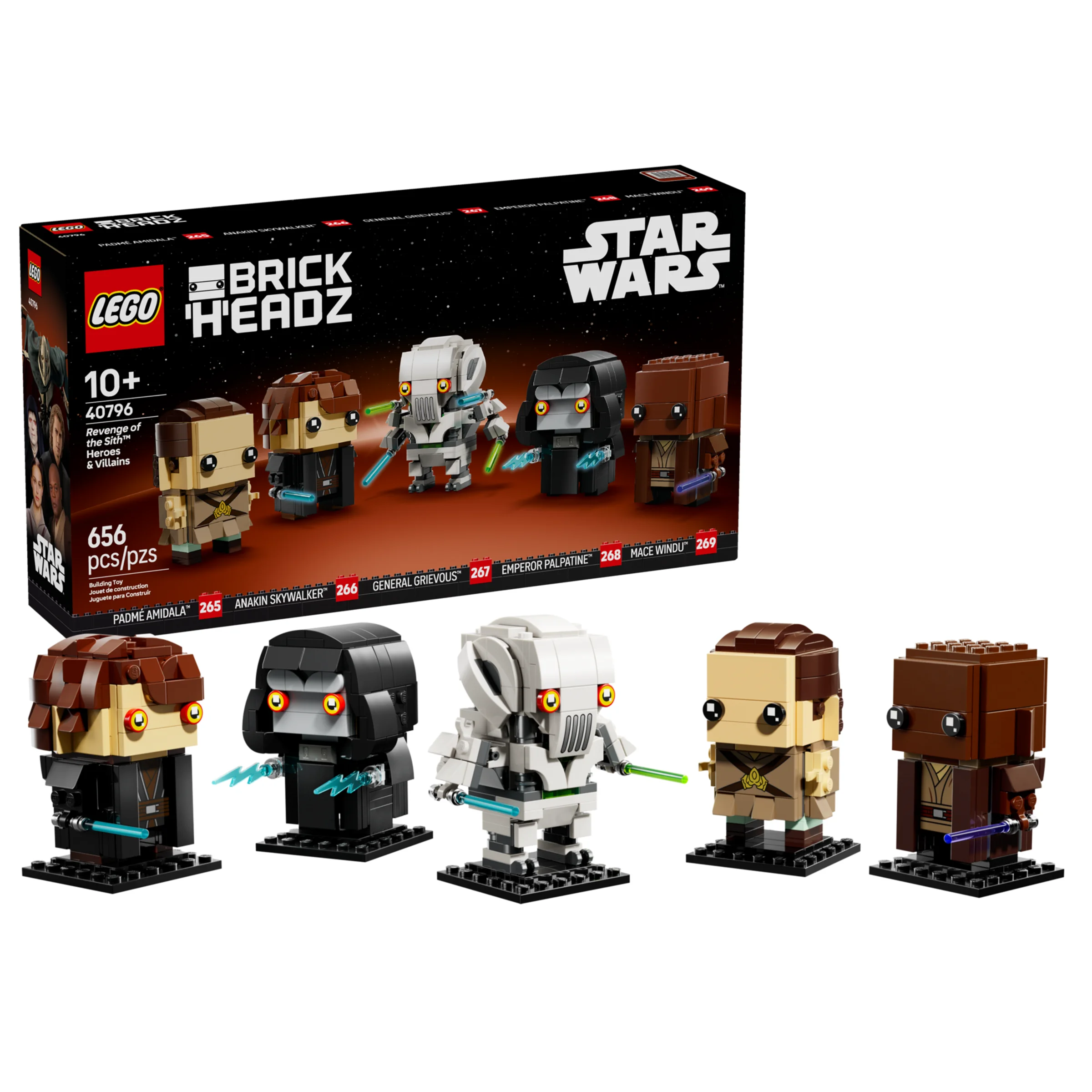 Imagine cu cutia și cele 5 figurine BrickHeadz din Răzbunarea Sith: Padme, Anakin, Grievous, Palpatine, Mace Windu.