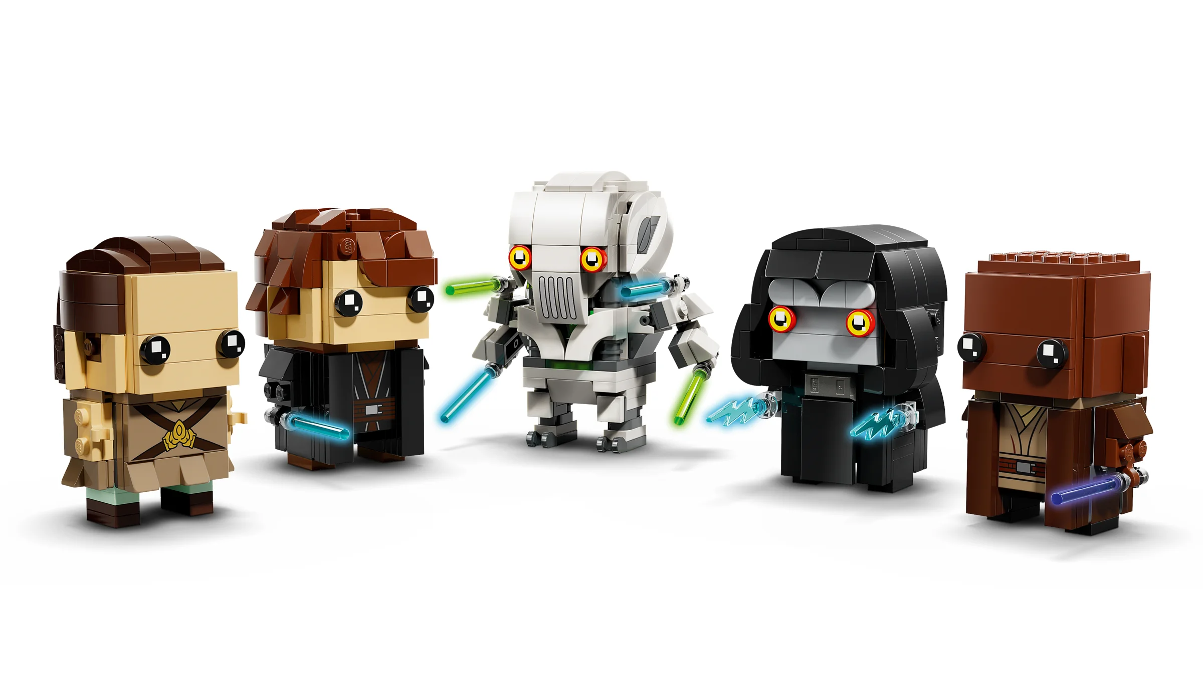 Imagine cu toate personajele BrickHeadz din setul LEGO 40796 Star Wars: Obi-Wan, Anakin, Grievous, Palpatine și Mace Windu.