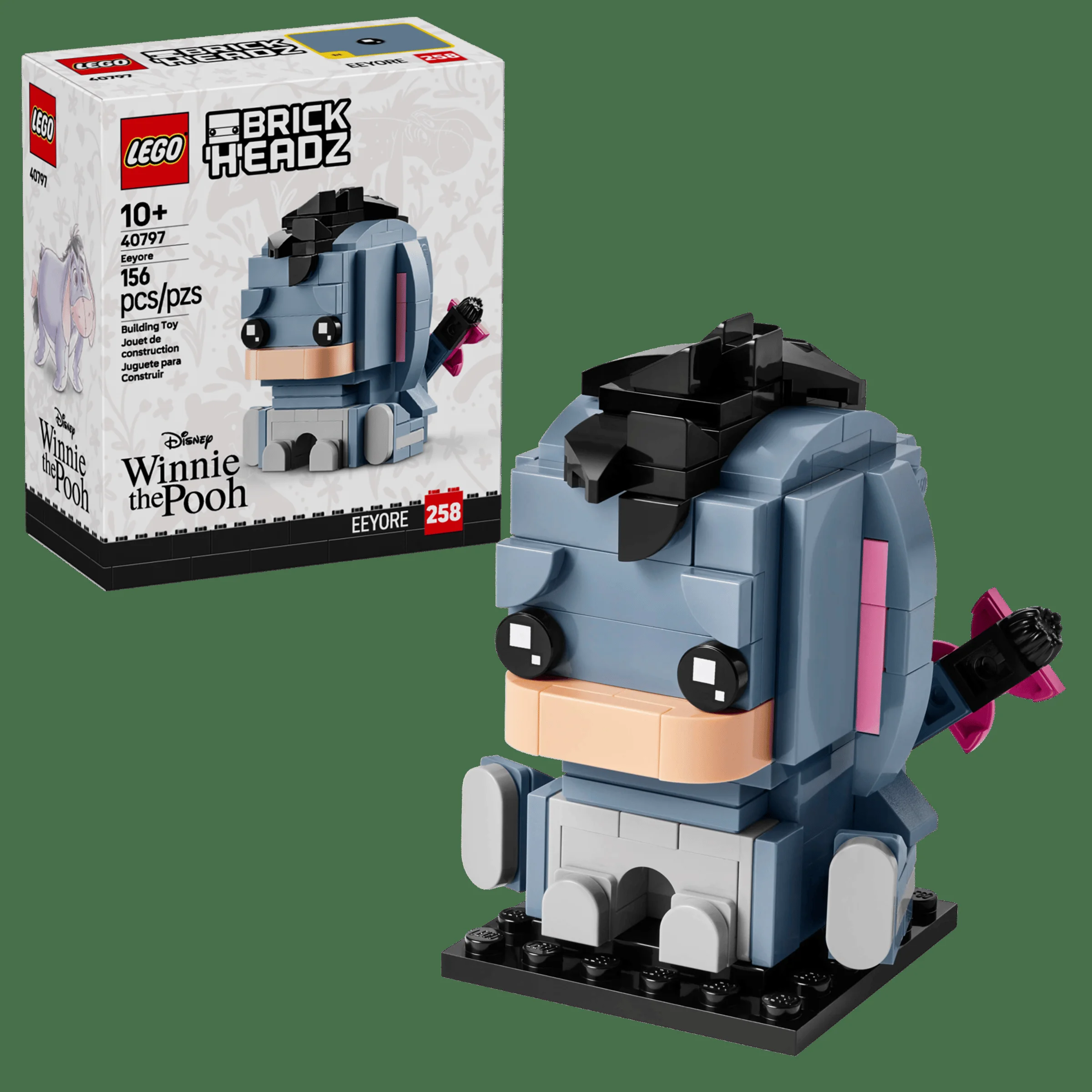 Imagine cu setul LEGO BrickHeadz 40797 Eeyore, cu cutia și modelul construit, prezentate pe fundal verde.