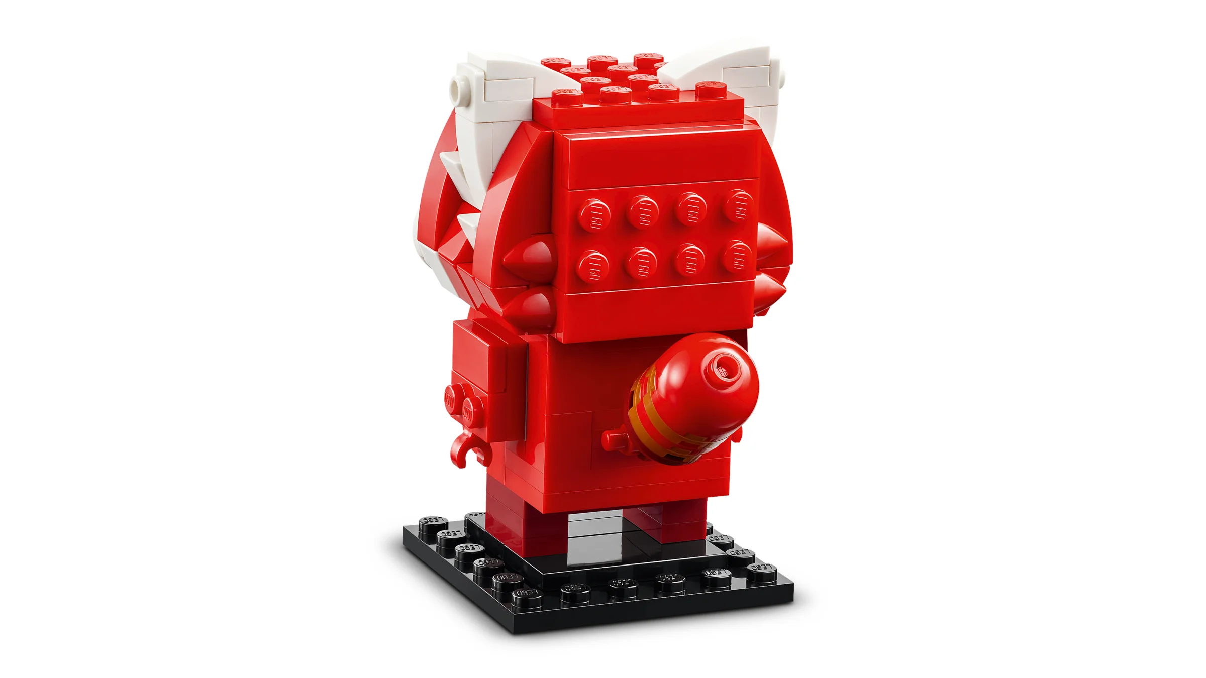 Modelul BrickHeadz al unui panda roșu, construit din cărămizi LEGO roșii și albe. Detaliu al construcției.