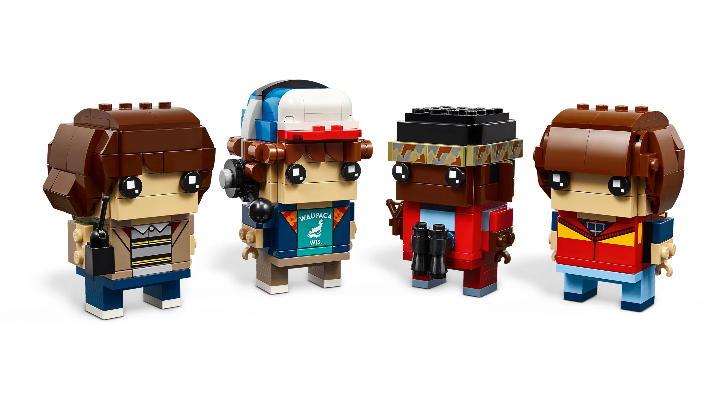 Imagine cu cele patru figurine BrickHeadz din setul Stranger Things: Mike, Dustin, Lucas și Will.