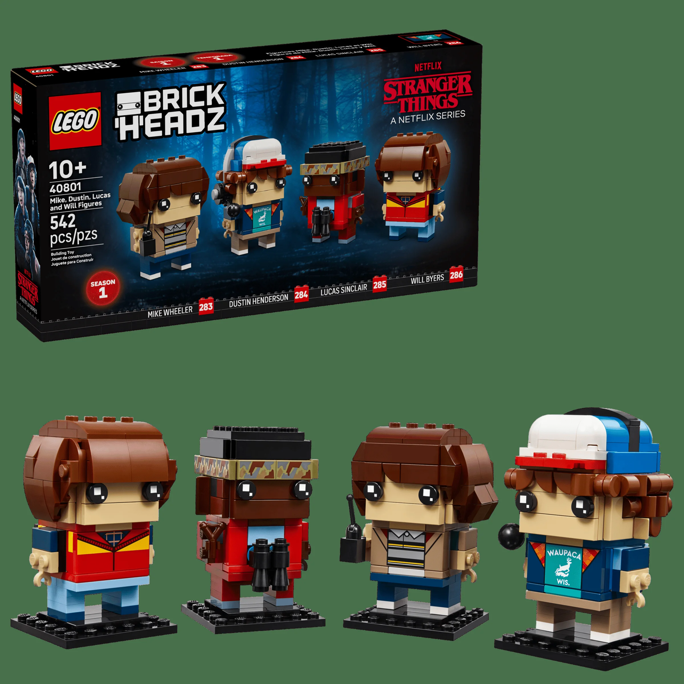 Imagine cu setul LEGO BrickHeadz 40801, conținând figurinele Mike, Dustin, Lucas și Will din Stranger Things.