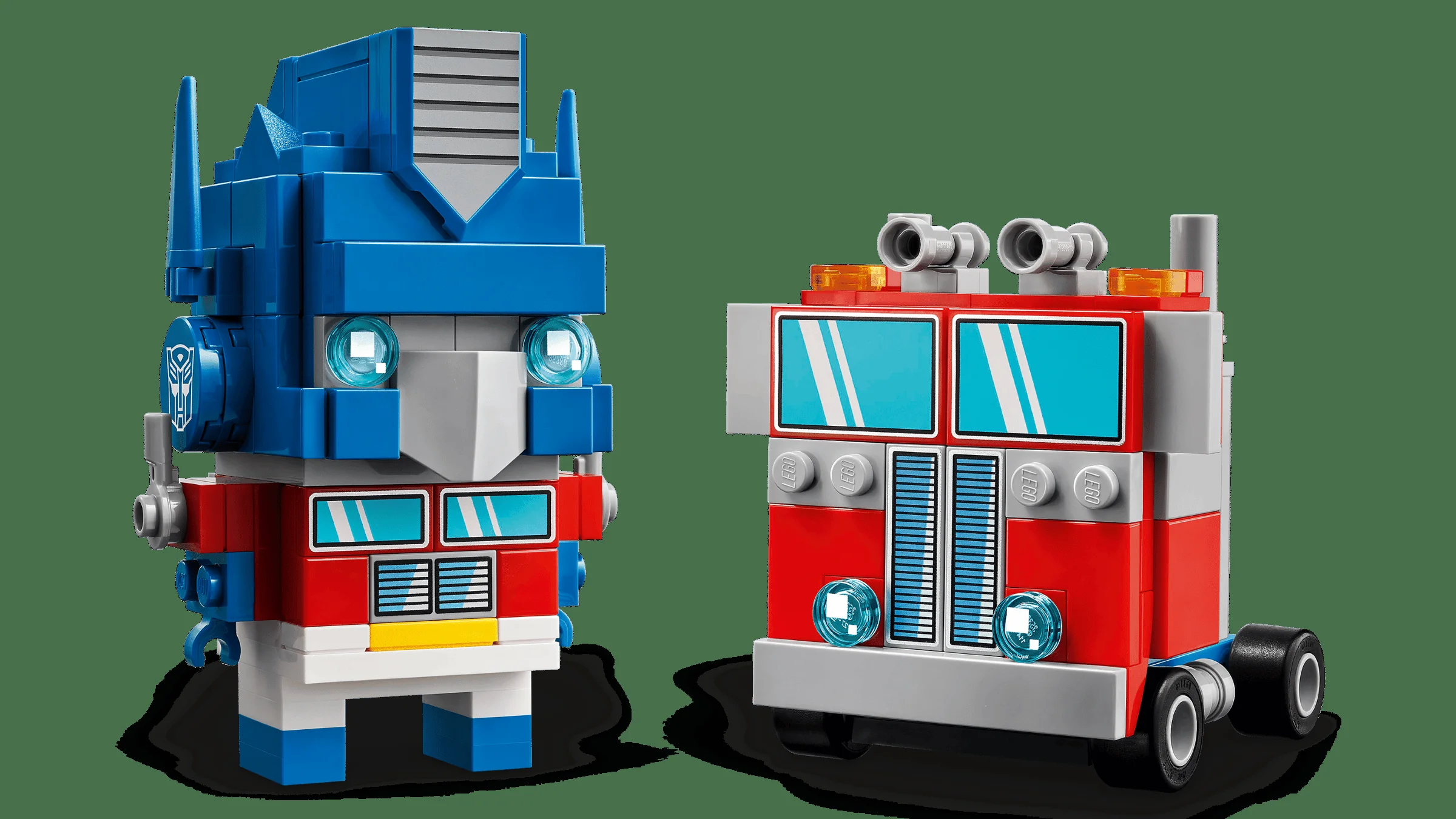 Imagine cu setul LEGO BrickHeadz Optimus Prime: robot și camion, ambele construite din cărămizi colorate.