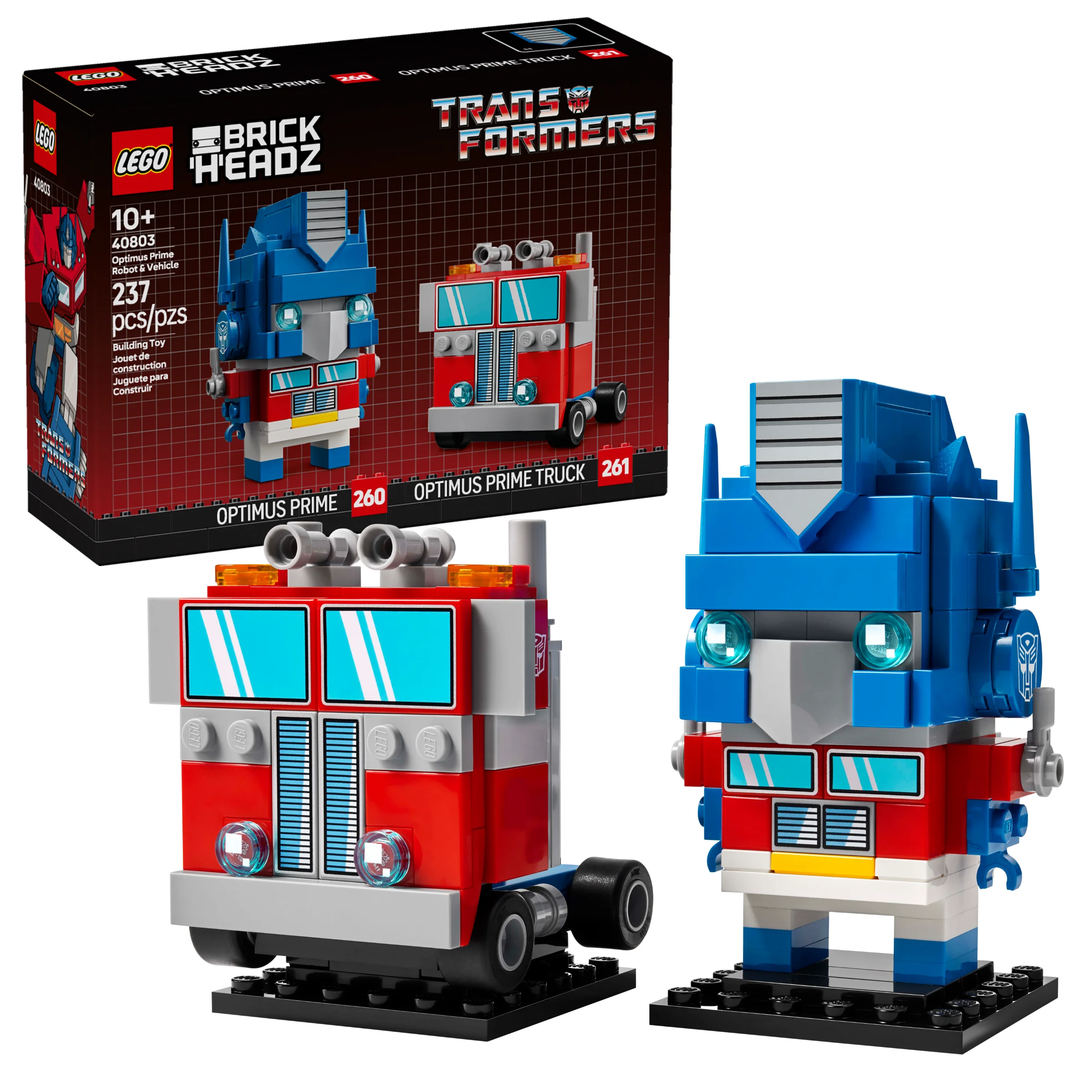 Imagine cu setul LEGO 40803 BrickHeadz Optimus Prime robot și camion. Ideal pentru fanii Transformers.