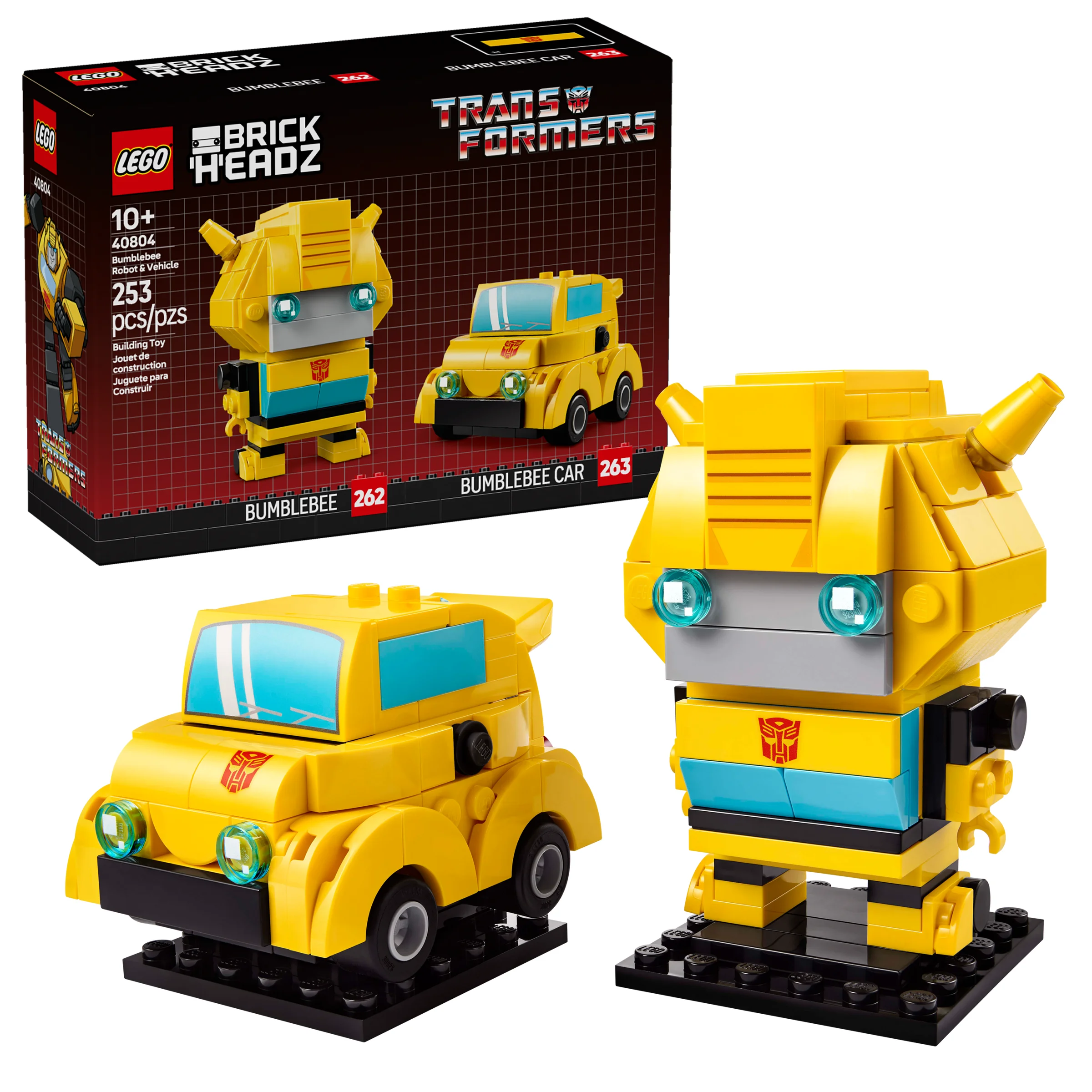 Imagine cu setul LEGO BrickHeadz 40804 Bumblebee, robotul și mașina. Include și cutia setului.