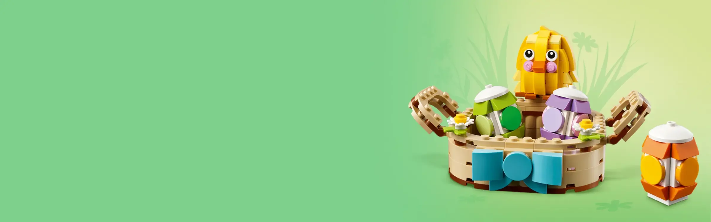 Coșuleț LEGO de Paște cu ouă colorate și un pui galben simpatic. Un cadou minunat de sărbători!
