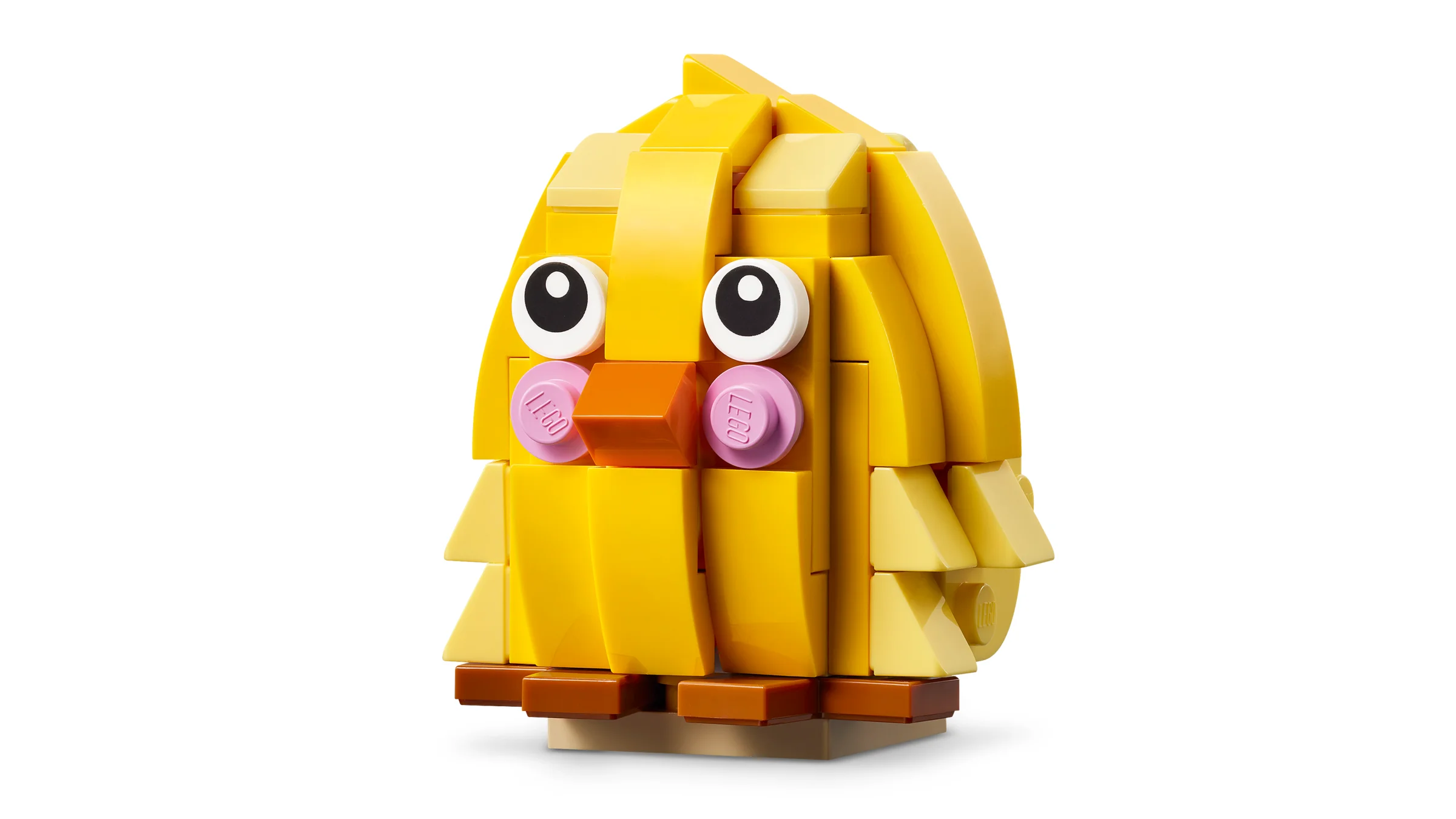 Imagine cu un pui galben, construit din piese LEGO, pe un fundal alb.