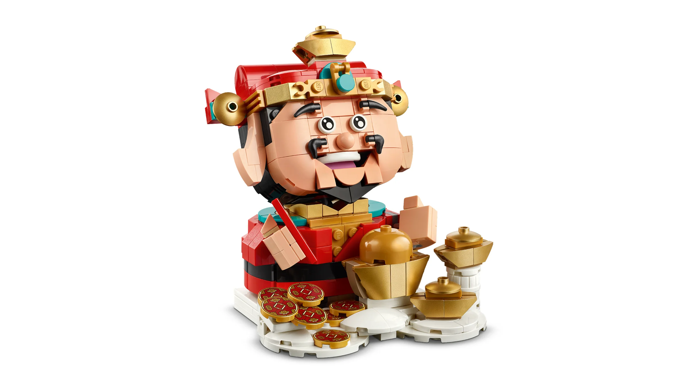 Modelul LEGO Fortune Master, cu monede și lingouri aurii, un simbol al prosperității.