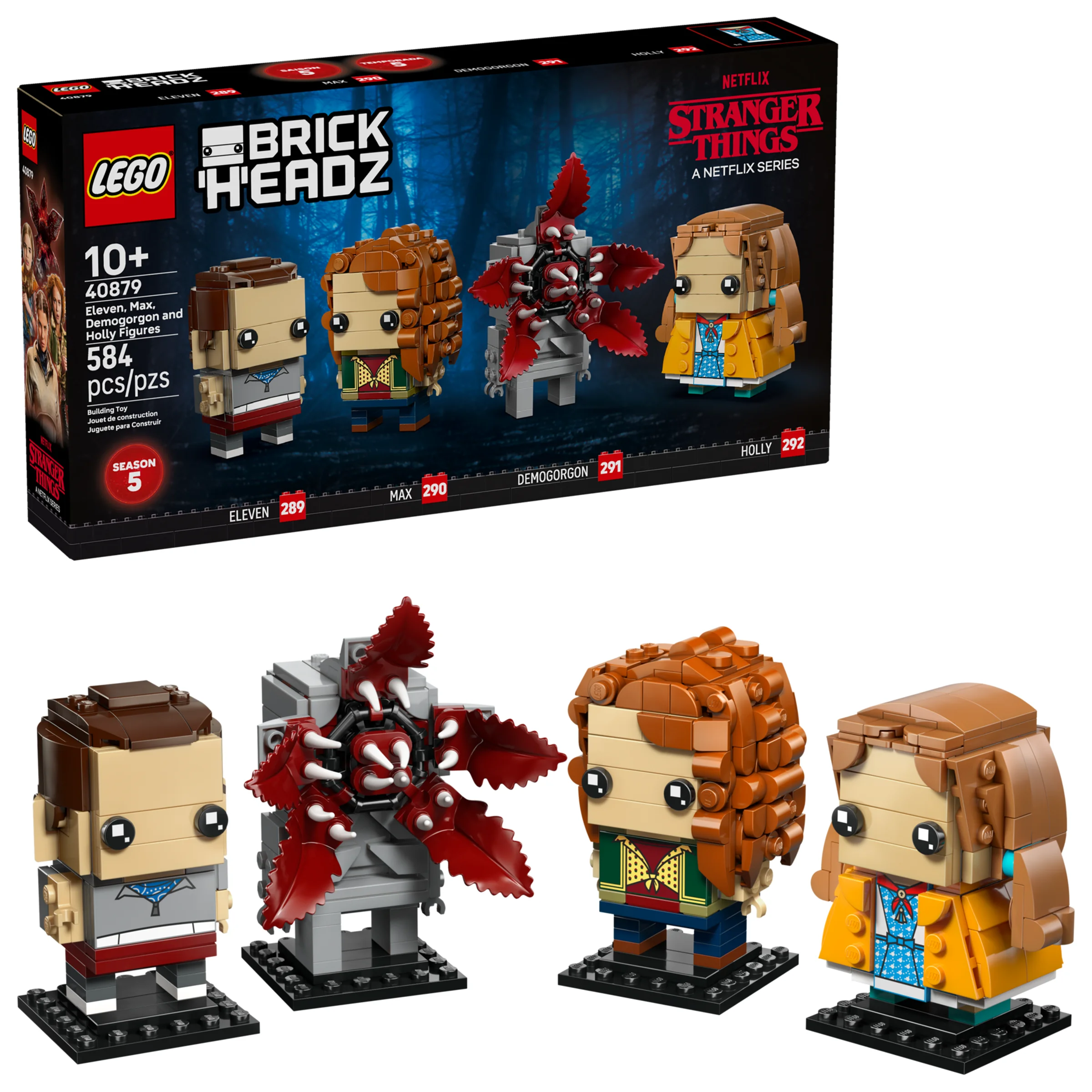 Imagine cu setul LEGO BrickHeadz 40879 cu Eleven, Max, Demogorgon și Holly, inclusiv cutia și figurinele construite.