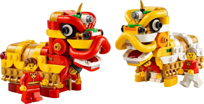Setul LEGO 40915 Dansul Leului de Festivalul Primăverii, o construcție detaliată cu un leu tradițional chinezesc roșu.