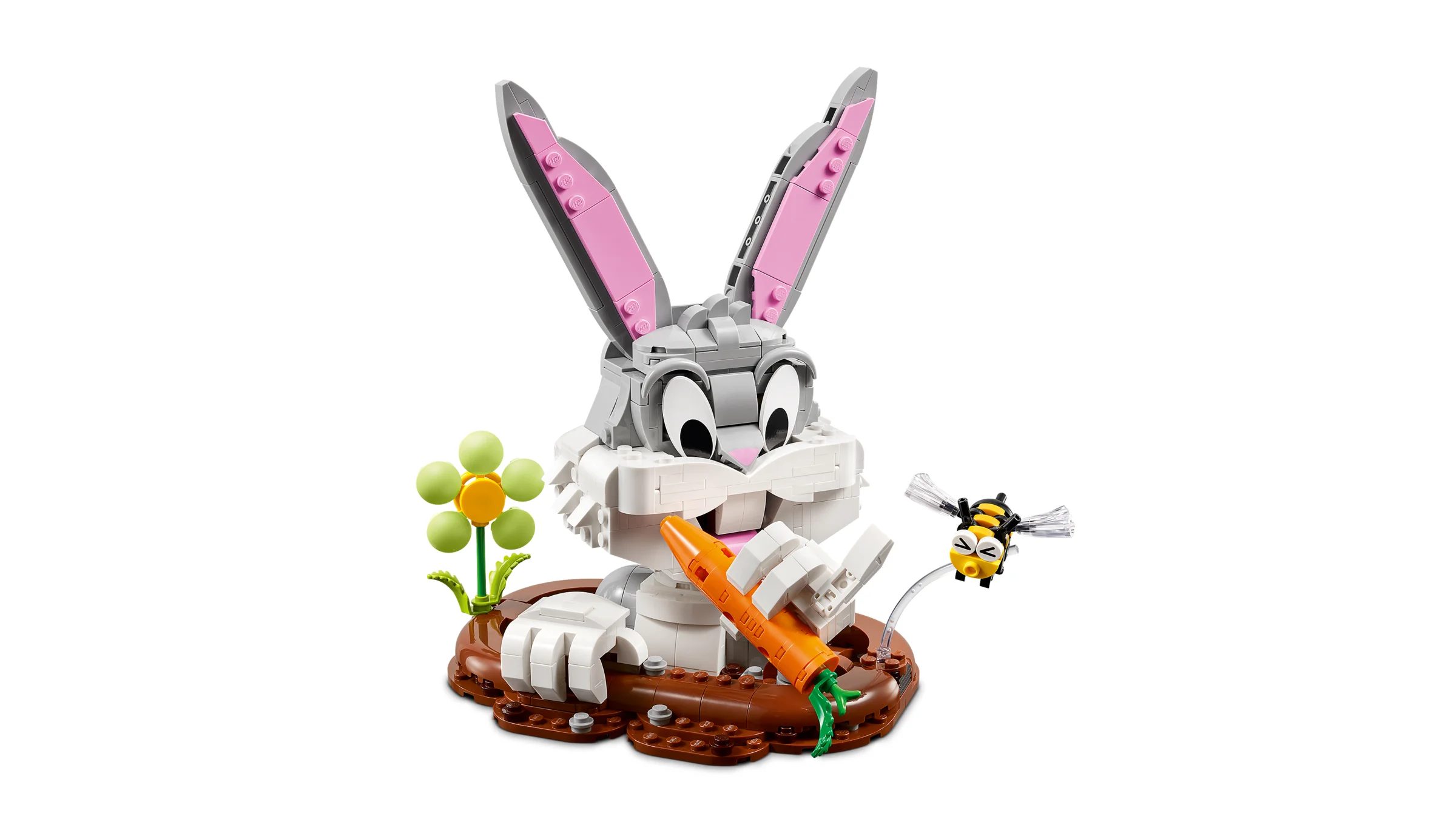Imagine cu setul LEGO 40920 Bugs Bunny, un model construit din cărămizi, cu un morcov și o albină.
