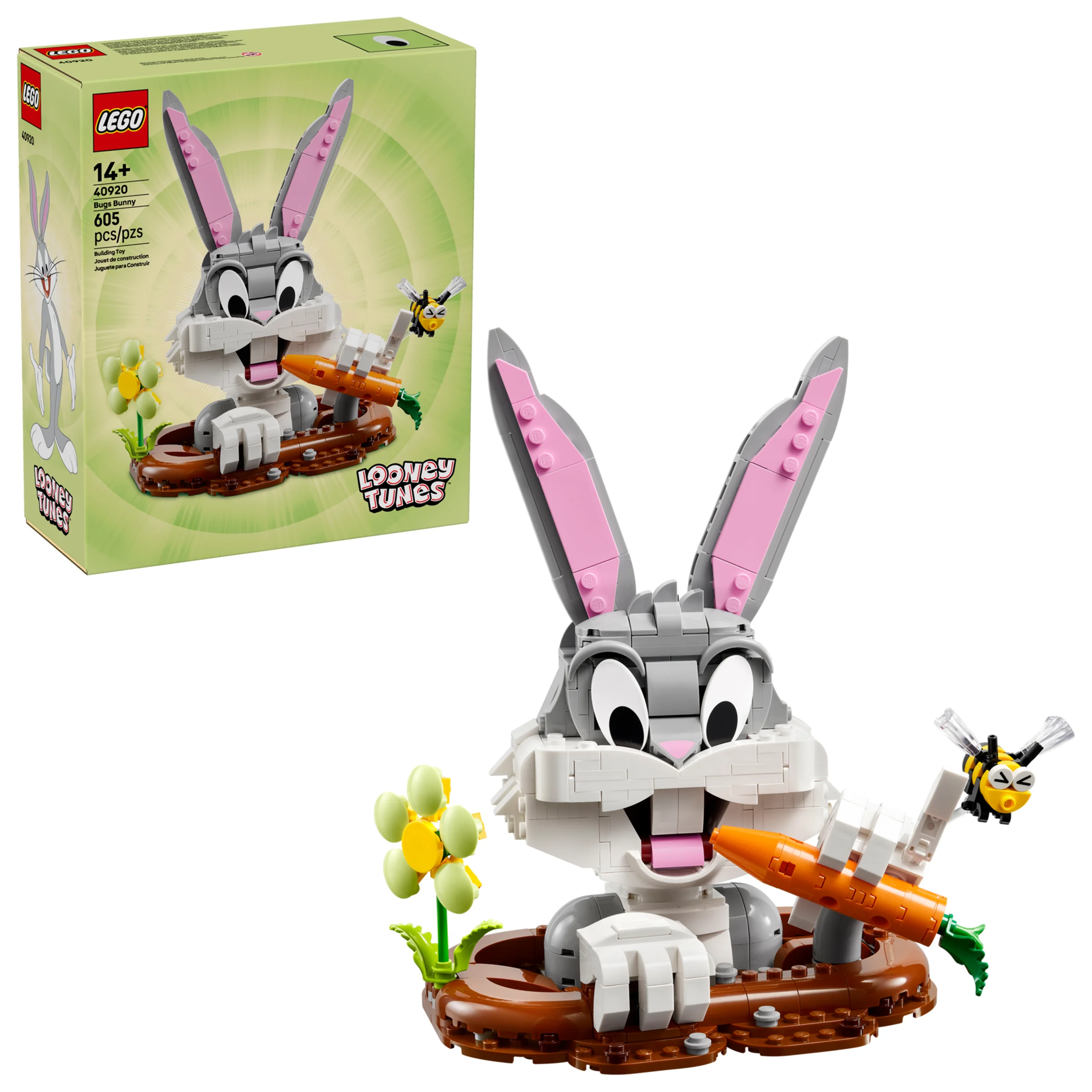 Imagine cu setul LEGO 40920 Bugs Bunny și cutia. Modelul îl prezintă pe Bugs Bunny cu morcov și o albină.