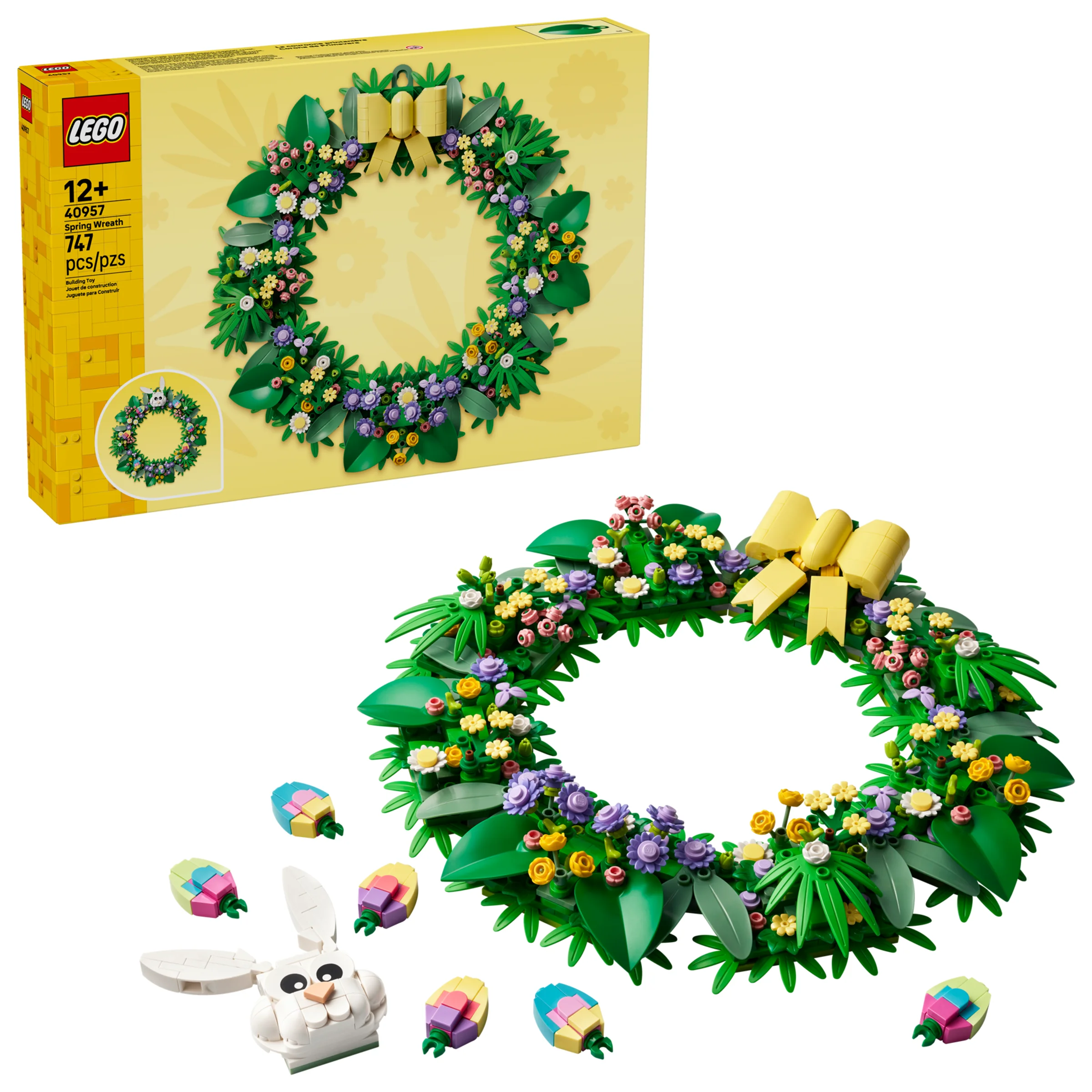 Imagine detaliată a setului LEGO 40957, Coronița de Primăvară, inclusiv cutia și modelul asamblat. Decor frumos de Paște.