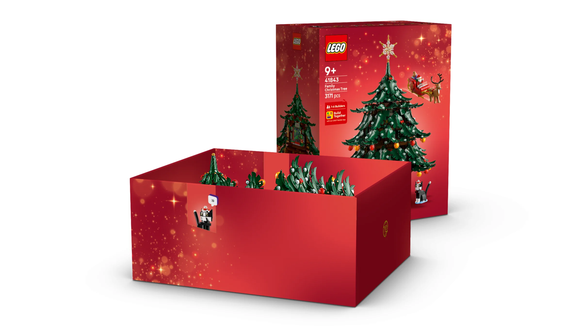 Imagine cu cutia LEGO 41843, decor de Crăciun în familie, cu aspect festiv și detaliat.