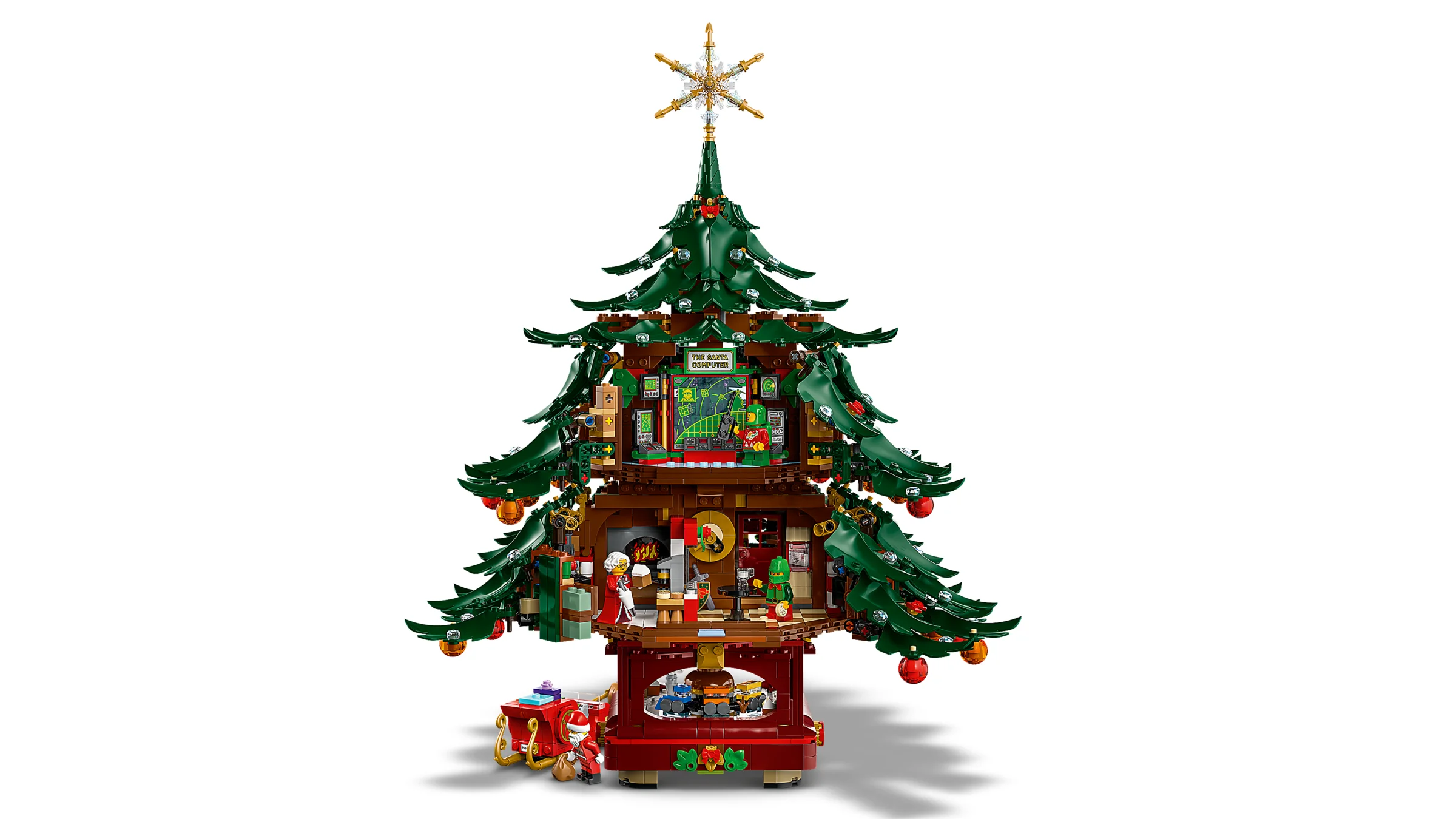 Modelul LEGO complet al bradului de Crăciun 41843, cu interior detaliat și minifigurine. Un cadou festiv minunat.
