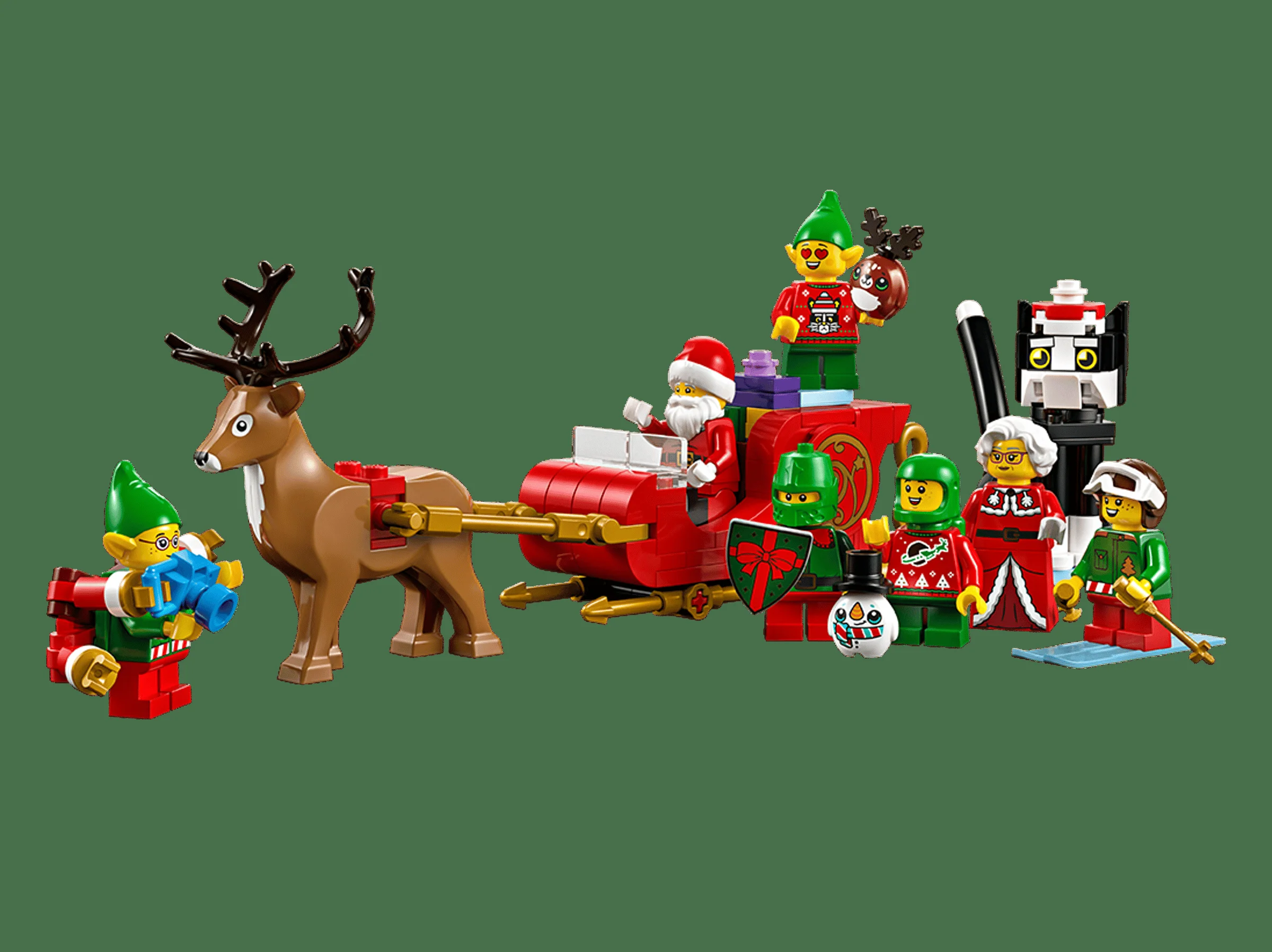 Setul LEGO 41843 prezintă o sanie cu reni, Moș Crăciun și ajutoarele sale. Decorațiuni festive de Crăciun.