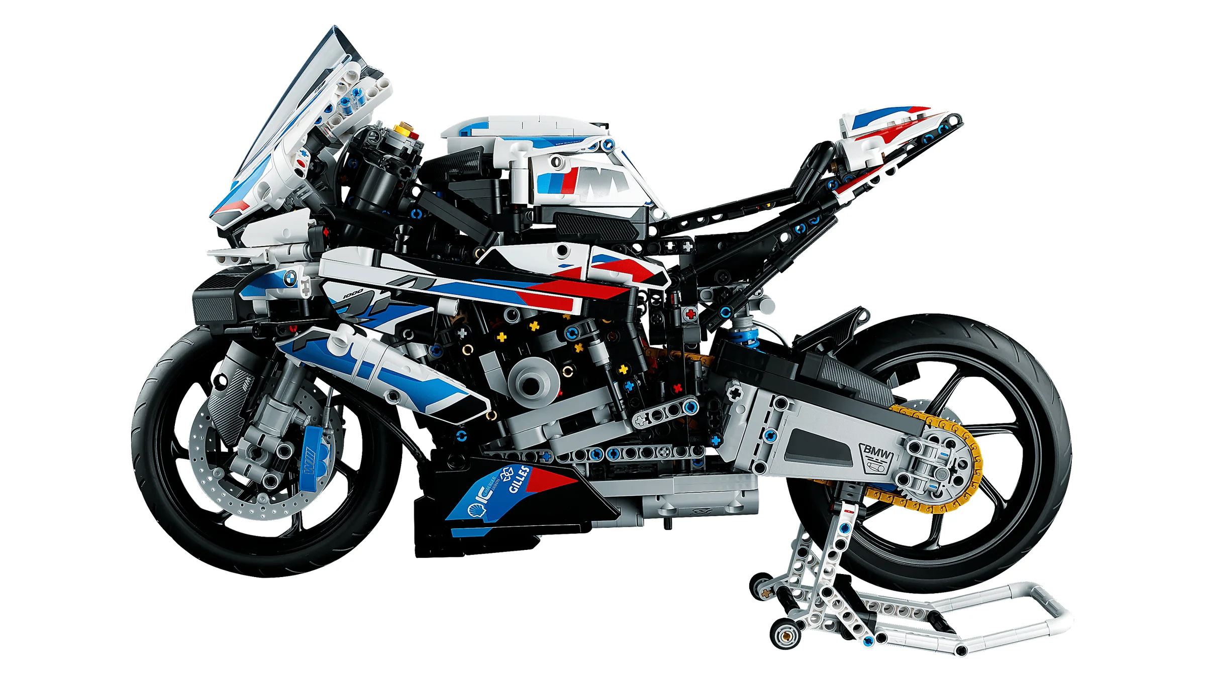 Imagine detaliată a modelului LEGO BMW M 1000 RR, arătând designul complex și realist.