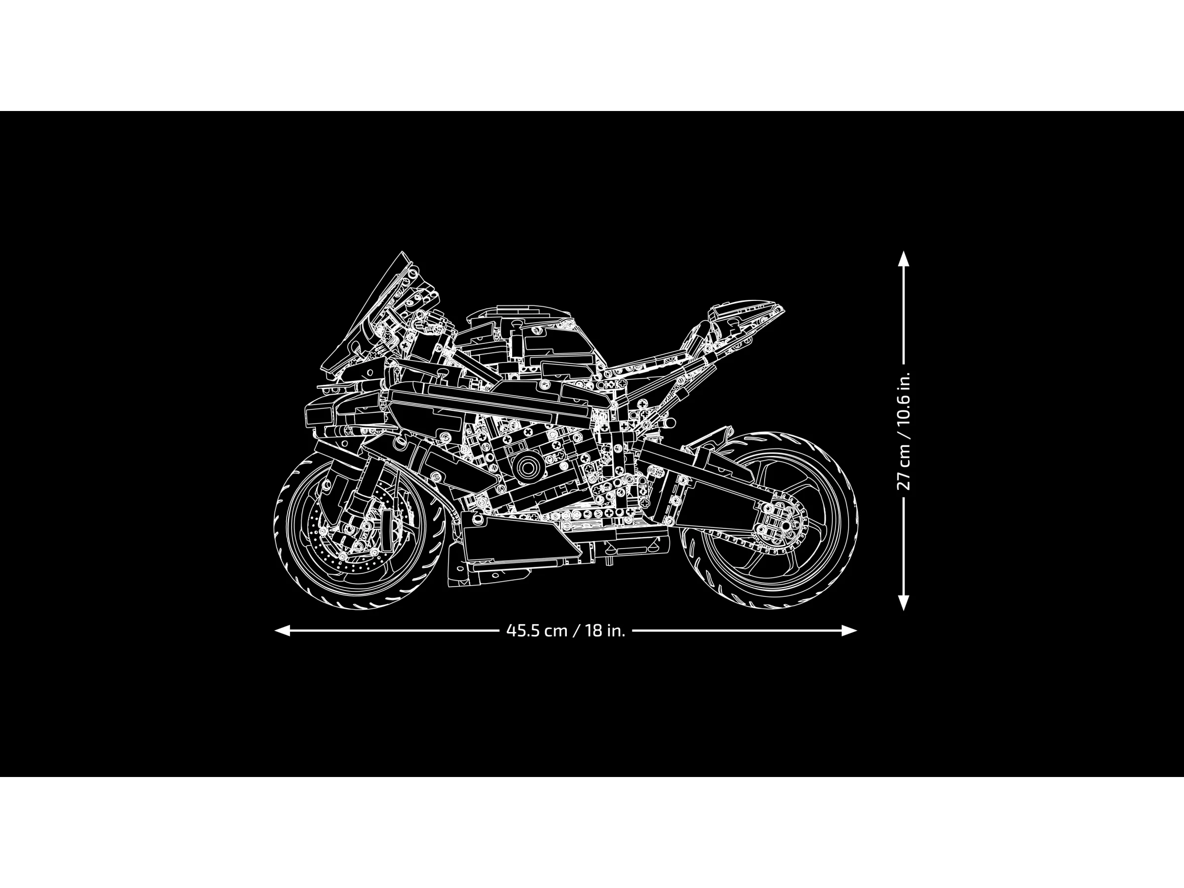 Ilustrație tehnică a modelului BMW M 1000 RR, cu dimensiuni indicate (45.5 cm / 27 cm).