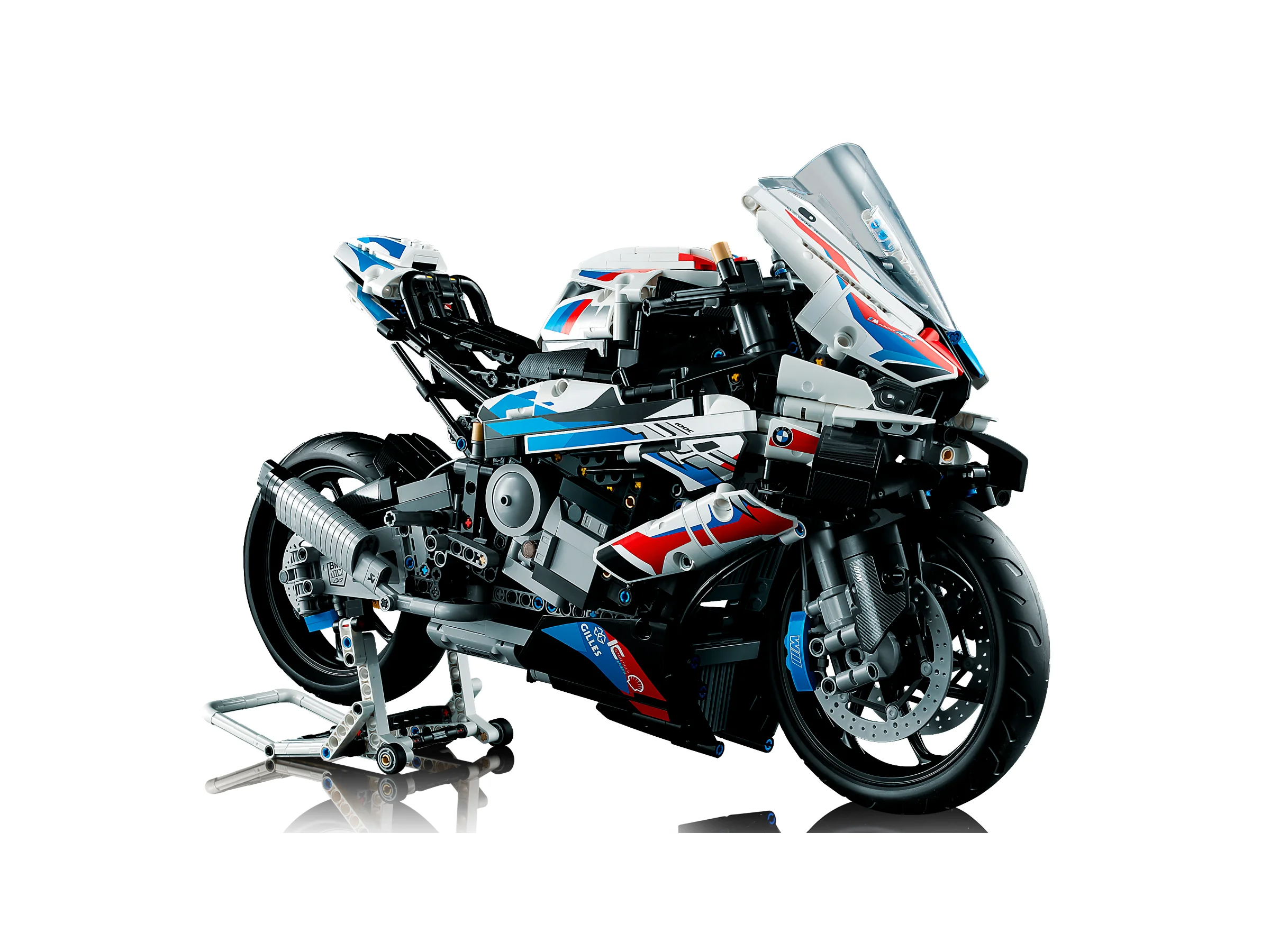 Motocicleta BMW M 1000 RR LEGO Technic, o replică detaliată. Design alb, albastru și roșu.