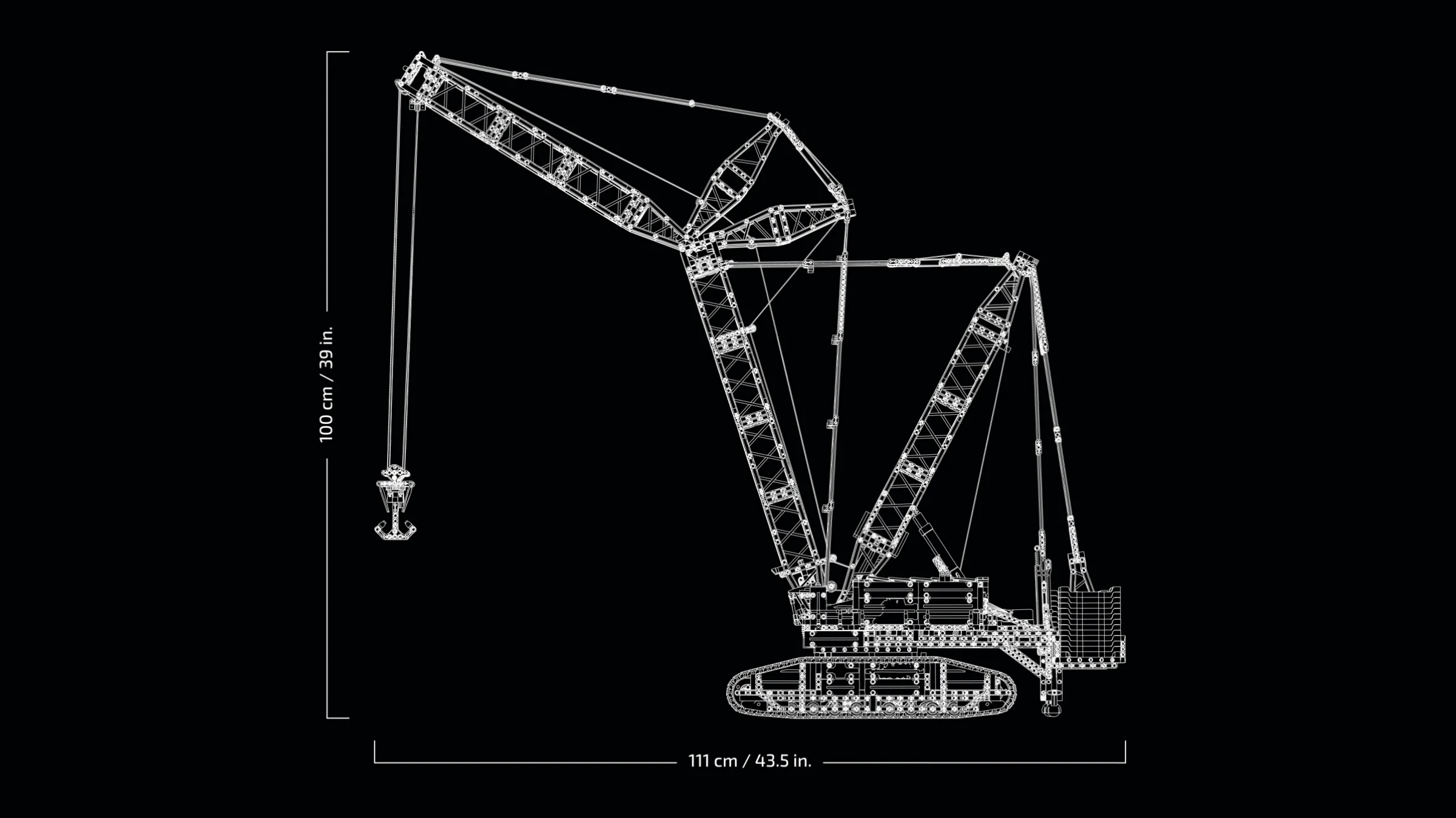 Dimensiunile modelului Liebherr Crawler Crane LR 13000: înălțime 100 cm, lungime 111 cm.