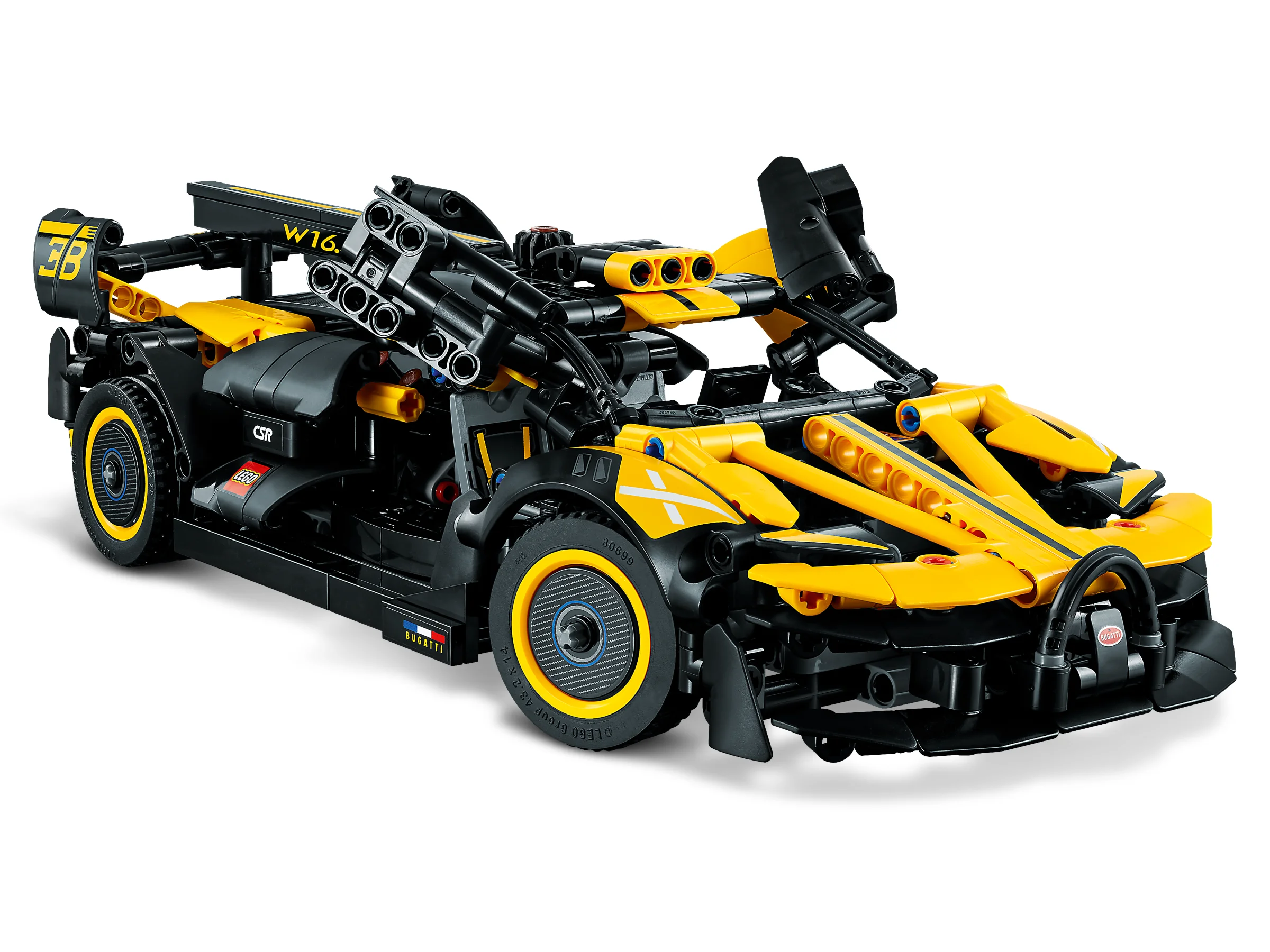 Imagine detaliată cu modelul LEGO Technic Bugatti Bolide (42151), galben și negru.